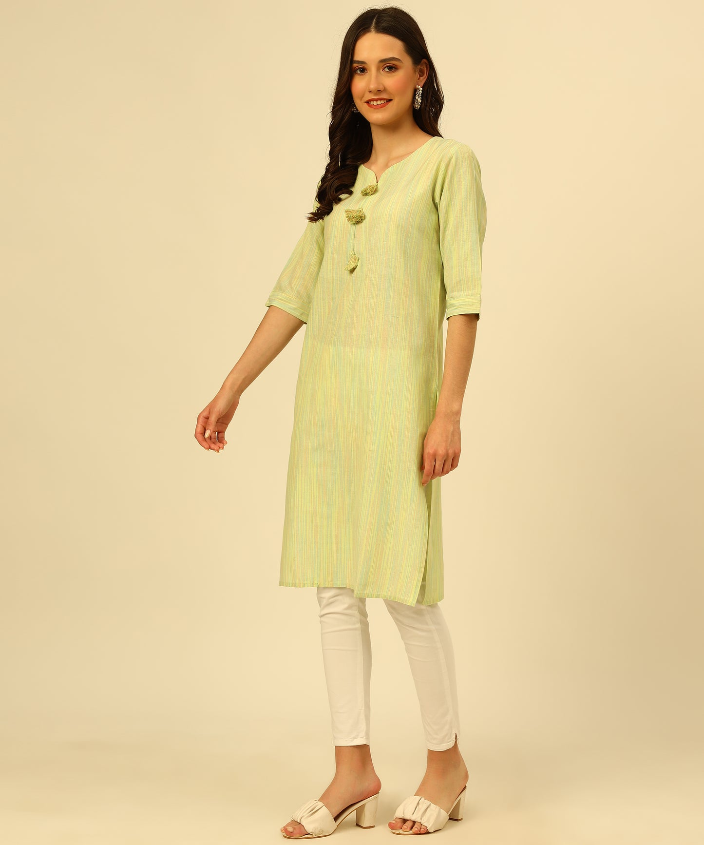 Cotton Self Weaved Multi Colour Thread Kurta Design, Green