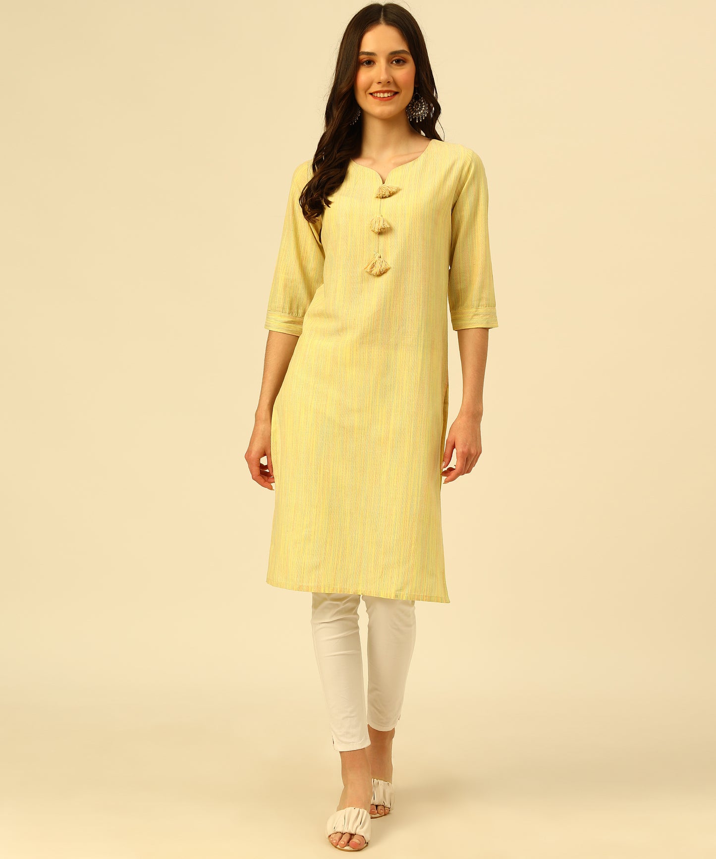 Cotton Self Weaved Multi Colour Thread Kurta Design, Yellow