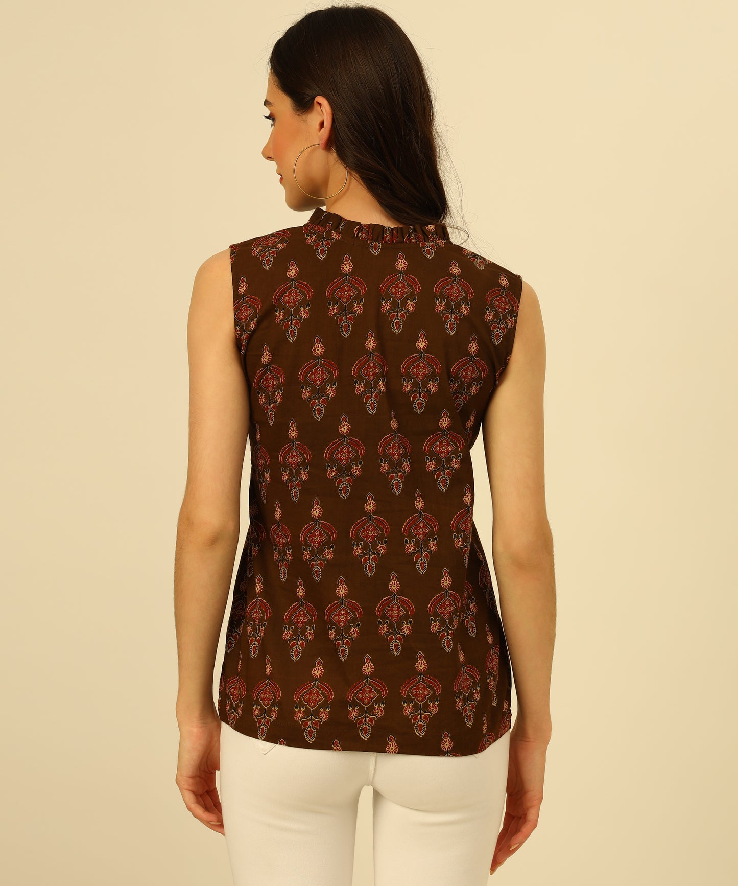 Cotton Printed Top Sleeveless Regular Fit Office Wear Casual Wear Top,Brown