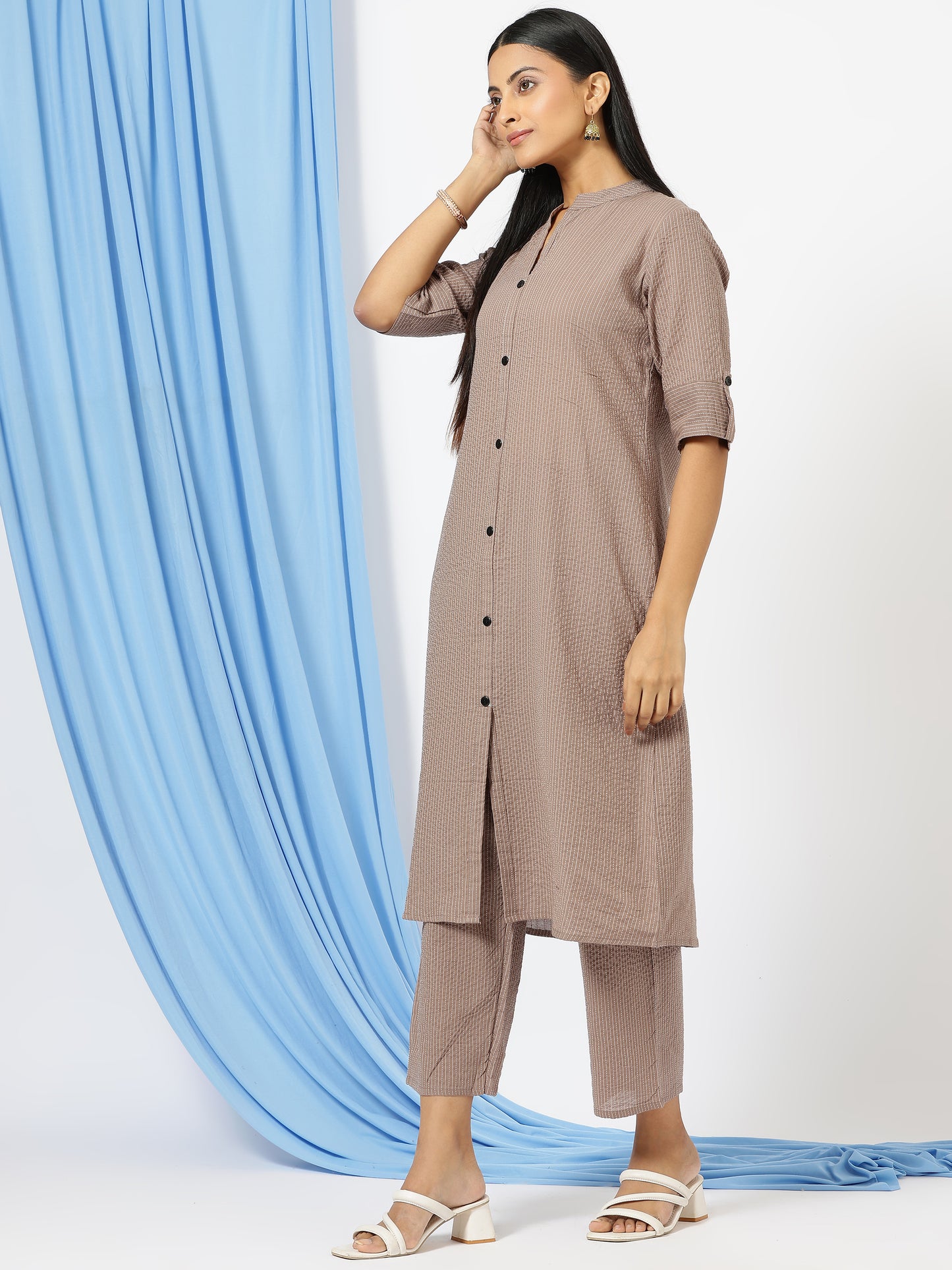 Stylish Katha Cotton Co-ord Set For Women - Shirt Style Kurti with Pants, 2peice Kurta With Trouser Casual Wear(Chicku)