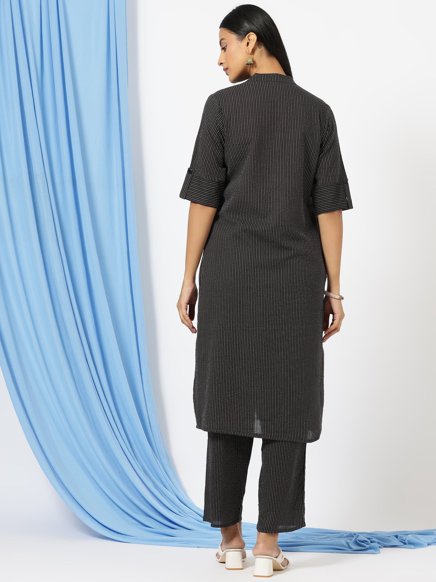 Stylish Katha Cotton Co-ord Set For Women - Shirt Style Kurti with Pants, 2peice Kurta With Trouser Casual Wear(Black)