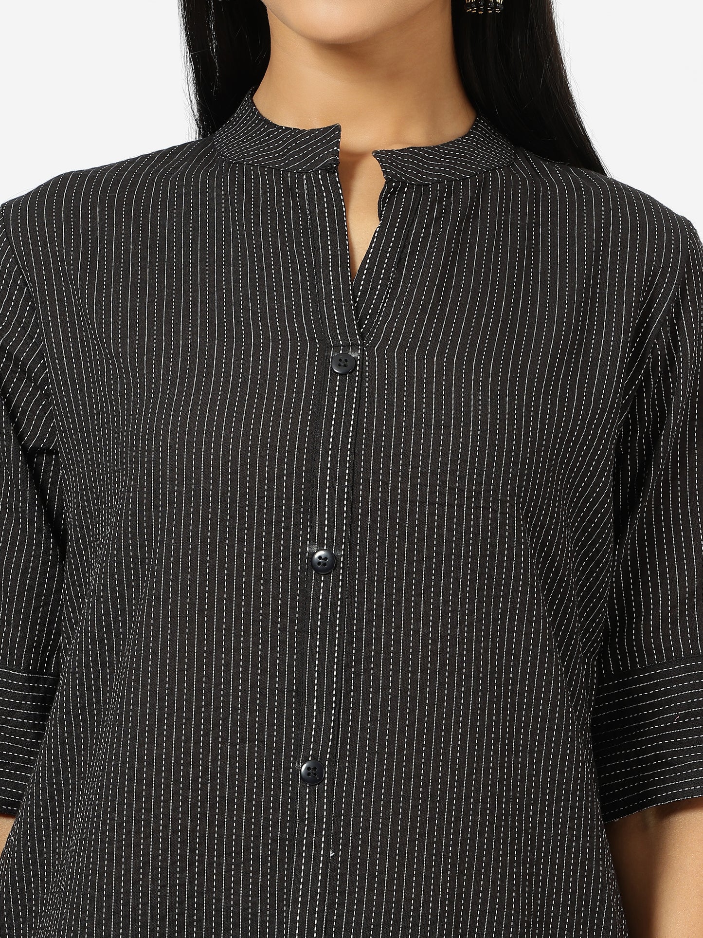 Stylish Katha Cotton Co-ord Set For Women - Shirt Style Kurti with Pants, 2peice Kurta With Trouser Casual Wear(Black)
