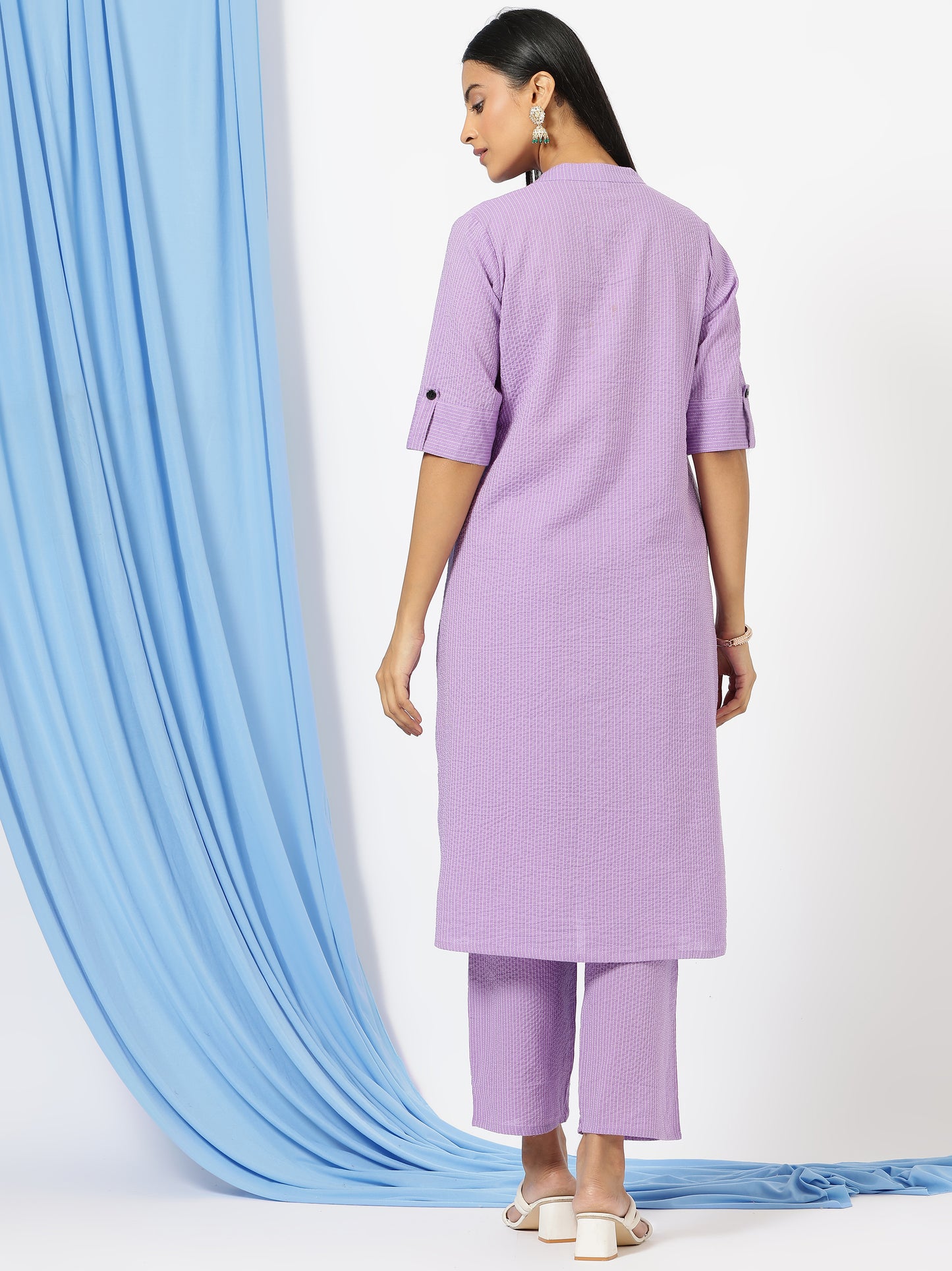 Stylish Katha Cotton Co-ord Set For Women - Shirt Style Kurti with Pants, 2peice Kurta With Trouser Casual Wear(Purple)