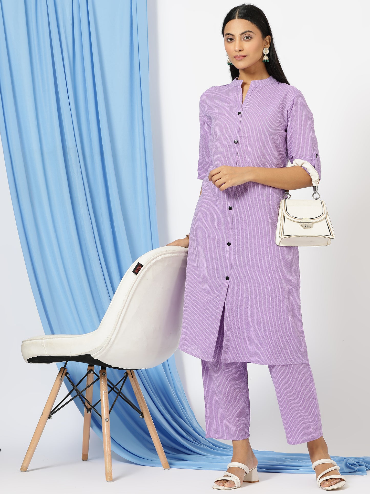 Stylish Katha Cotton Co-ord Set For Women - Shirt Style Kurti with Pants, 2peice Kurta With Trouser Casual Wear(Purple)