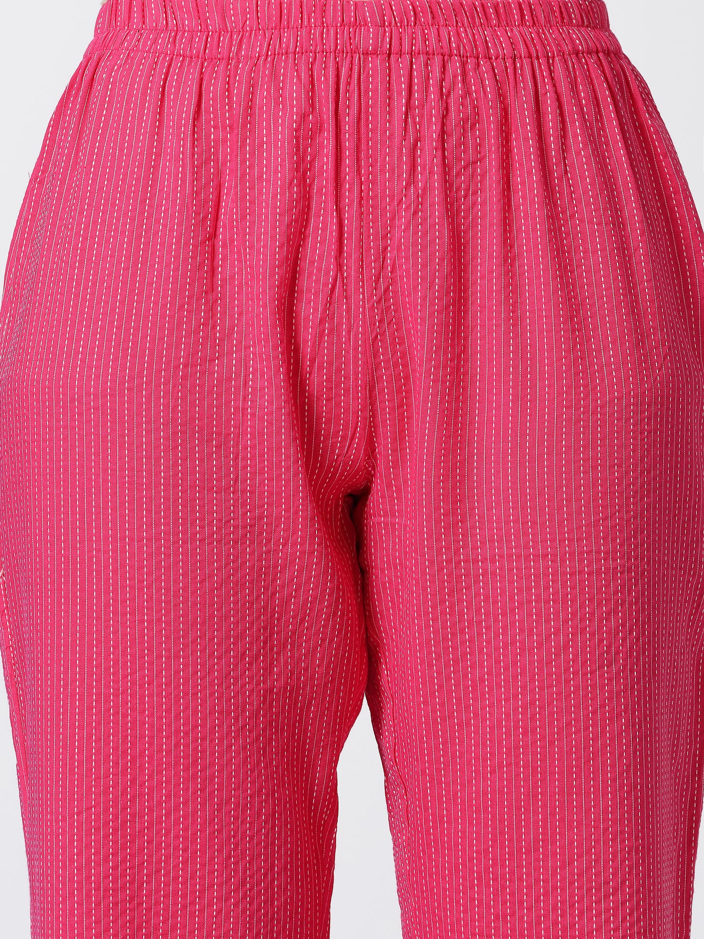 Stylish Katha Cotton Co-ord Set For Women - Shirt Style Kurti with Pants, 2peice Kurta With Trouser Casual Wear(Pink)
