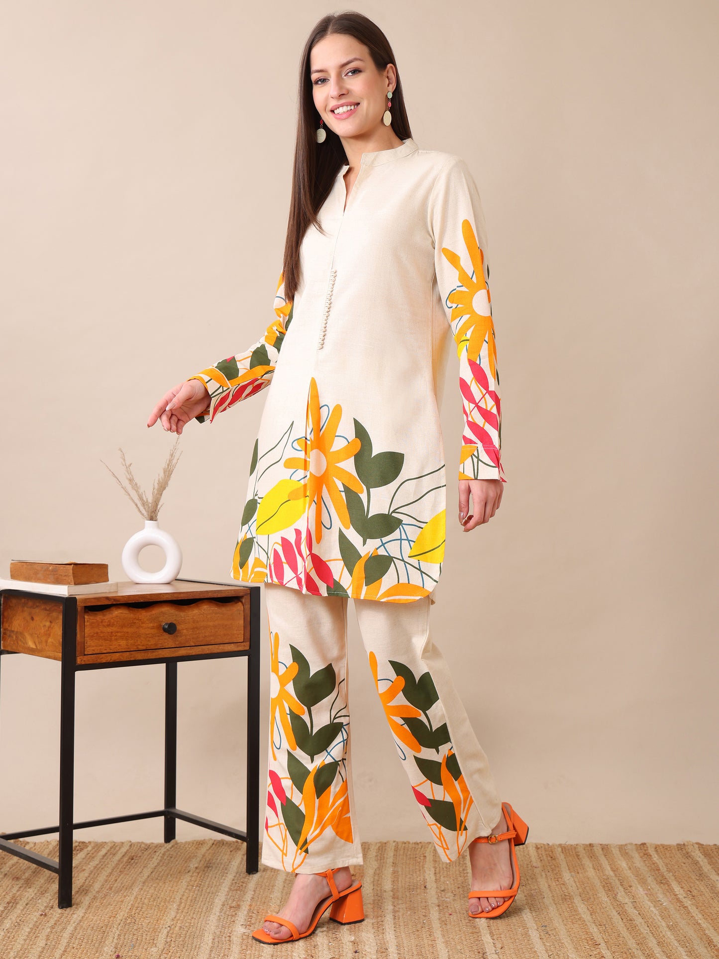 Women's Cotton Co-ord Set | Embroidery Kurta & Wide-Leg Pants | Stylish Ethnic Wear for Women | Casual & Festive Outfit | Summer Wear | Comfortable & Breathable Fabric(Orange)