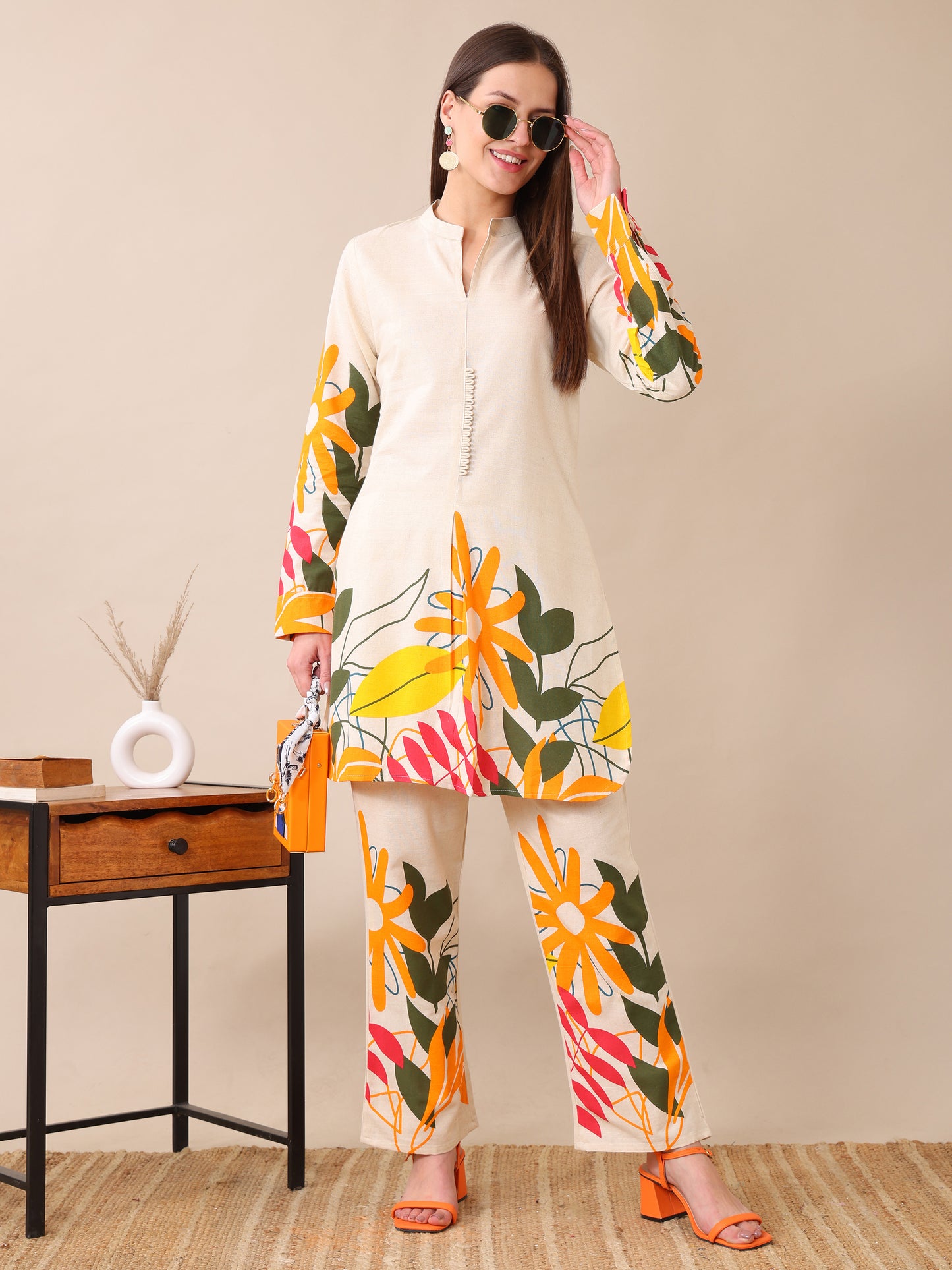 Women's Cotton Co-ord Set | Embroidery Kurta & Wide-Leg Pants | Stylish Ethnic Wear for Women | Casual & Festive Outfit | Summer Wear | Comfortable & Breathable Fabric(Orange)