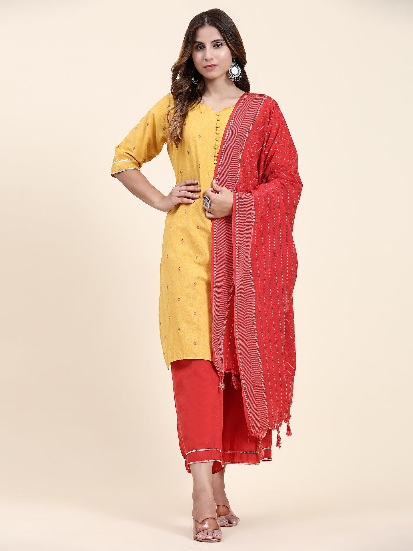 ANUSHIL Women's Cotton Kurta Plazzo Dupatta Set - Graceful Lace Detailing and Comfortable 3/4 Sleeves (Yellow)