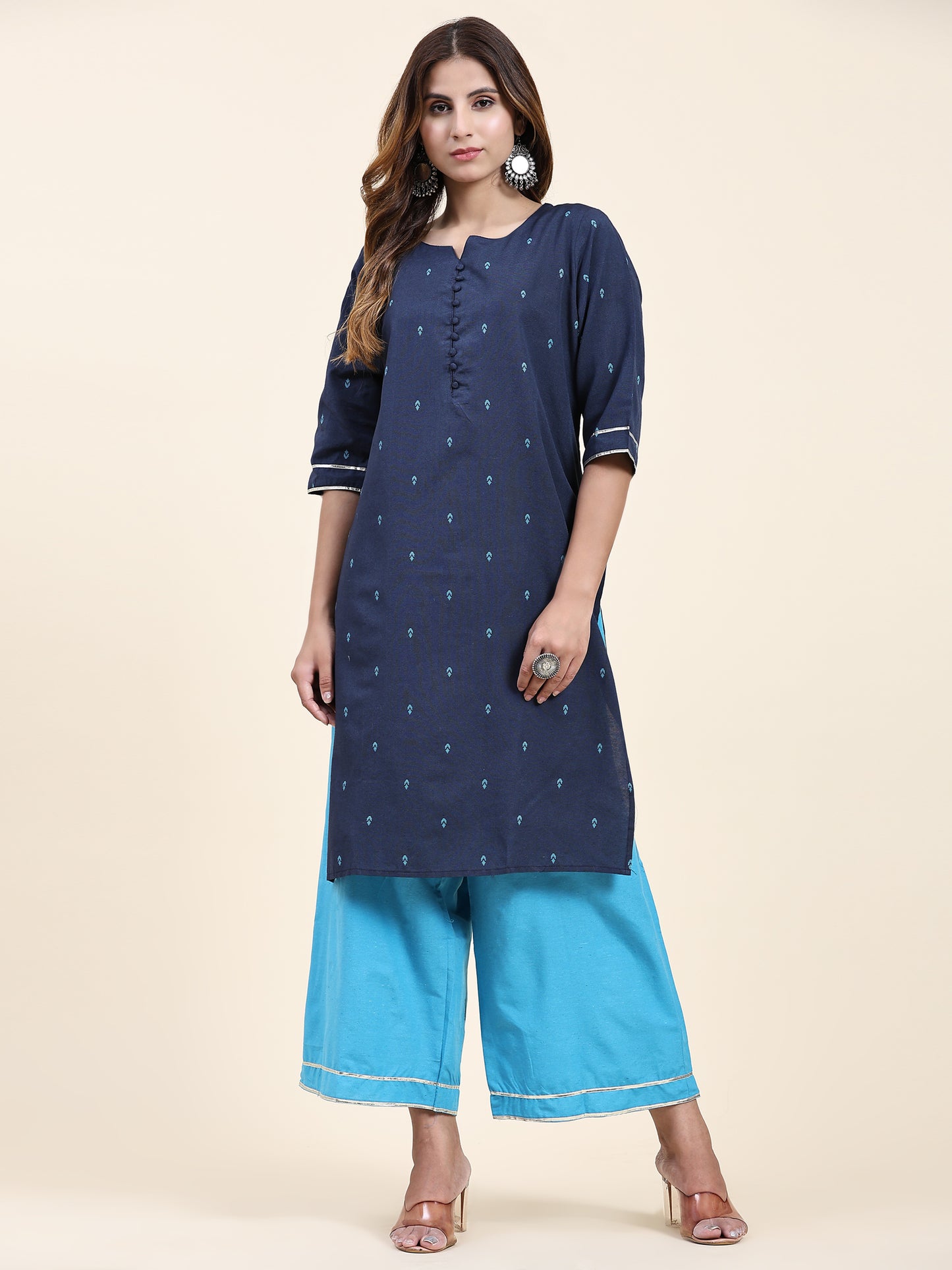 ANUSHIL Women's Cotton Kurta Plazzo Dupatta Set - Graceful Lace Detailing and Comfortable 3/4 Sleeves (Blue)