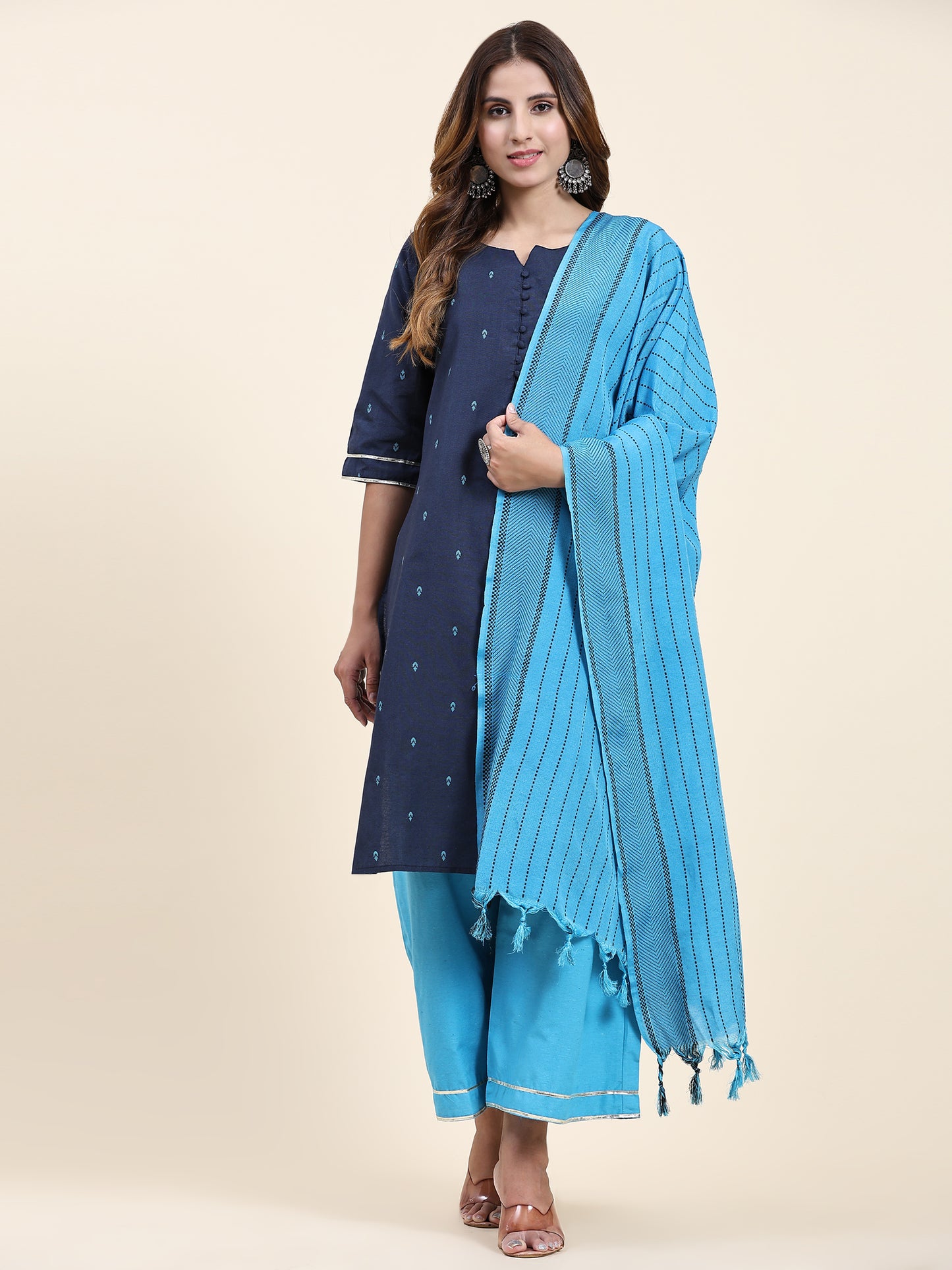 ANUSHIL Women's Cotton Kurta Plazzo Dupatta Set - Graceful Lace Detailing and Comfortable 3/4 Sleeves (Blue)