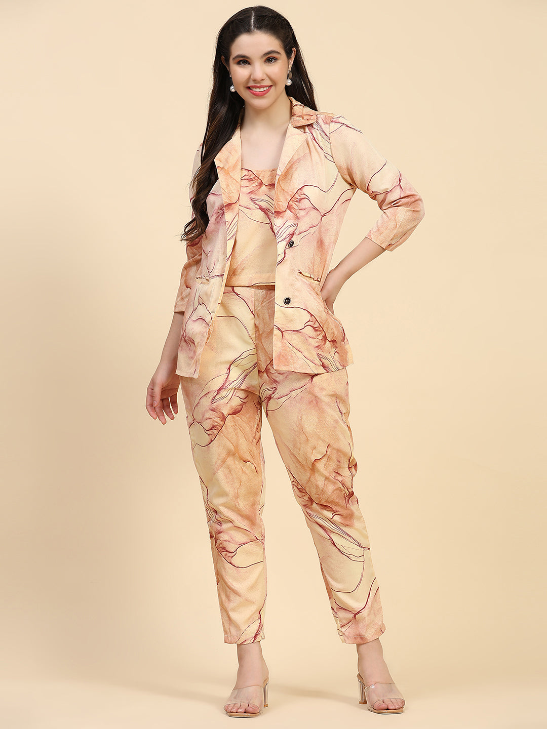ANUSHIL Stylish Co-ord Set for Women - Printed Crop Top with Pants and Blazer, 3peice Co-ord Set for Casual Wear (Orange)