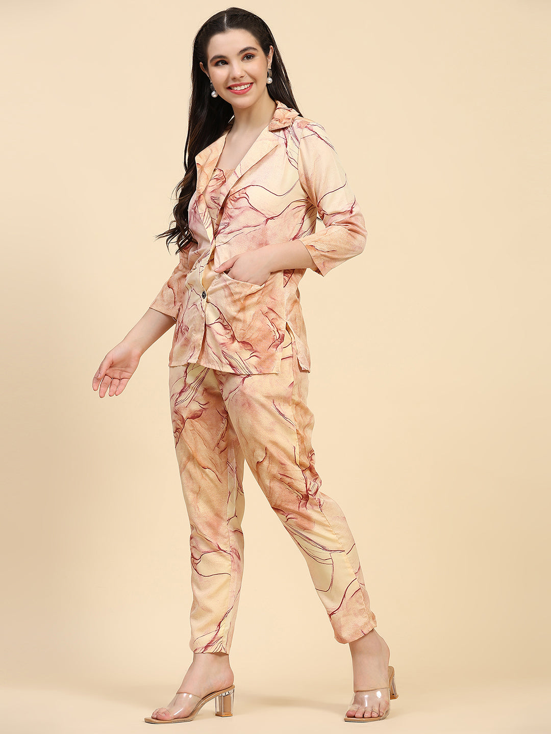 ANUSHIL Stylish Co-ord Set for Women - Printed Crop Top with Pants and Blazer, 3peice Co-ord Set for Casual Wear (Orange)