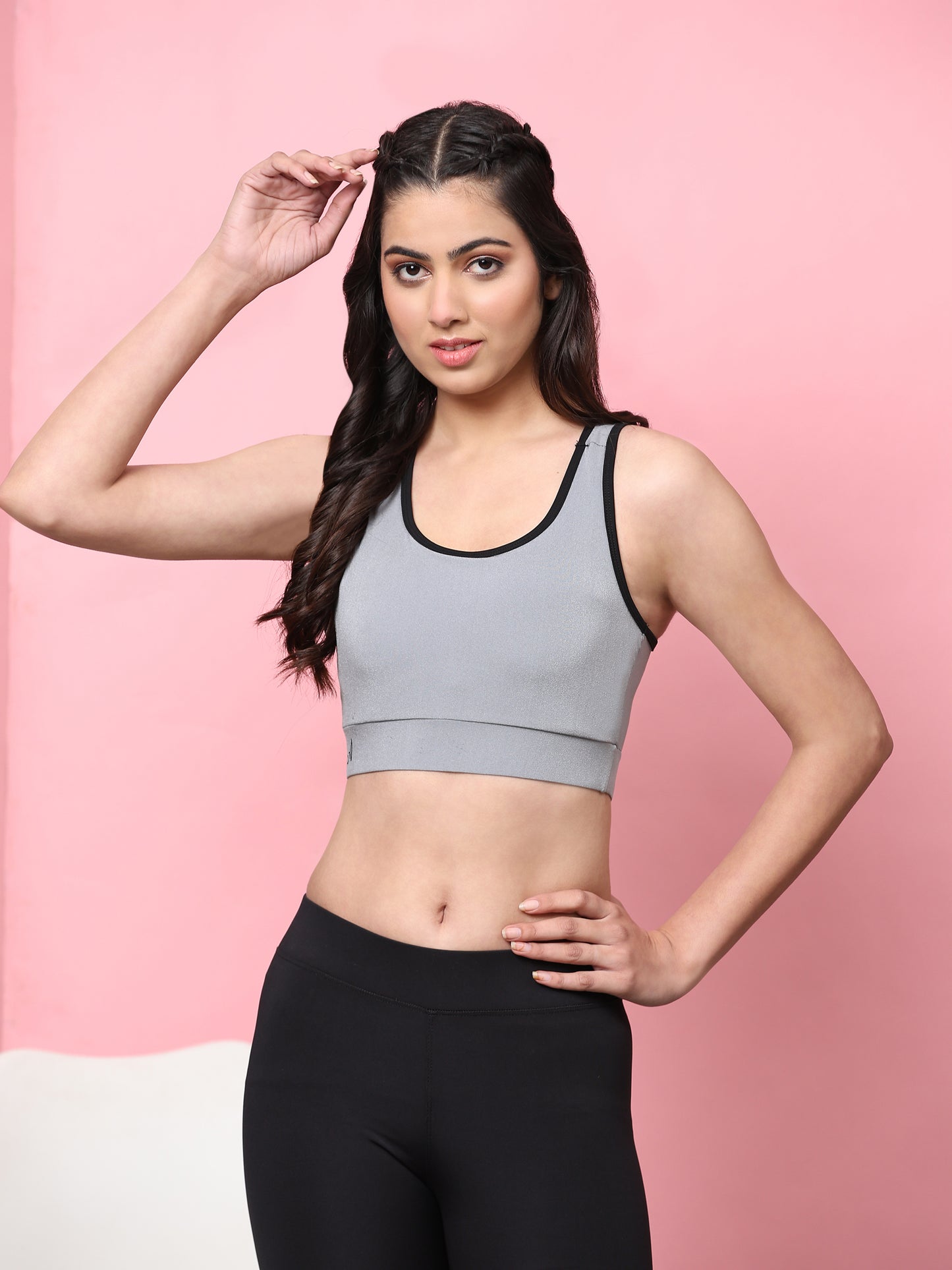 Women Solid Cotton 4 Way Strechable Non Wired Racer Back Sports Bra Hollow Back Design Grey