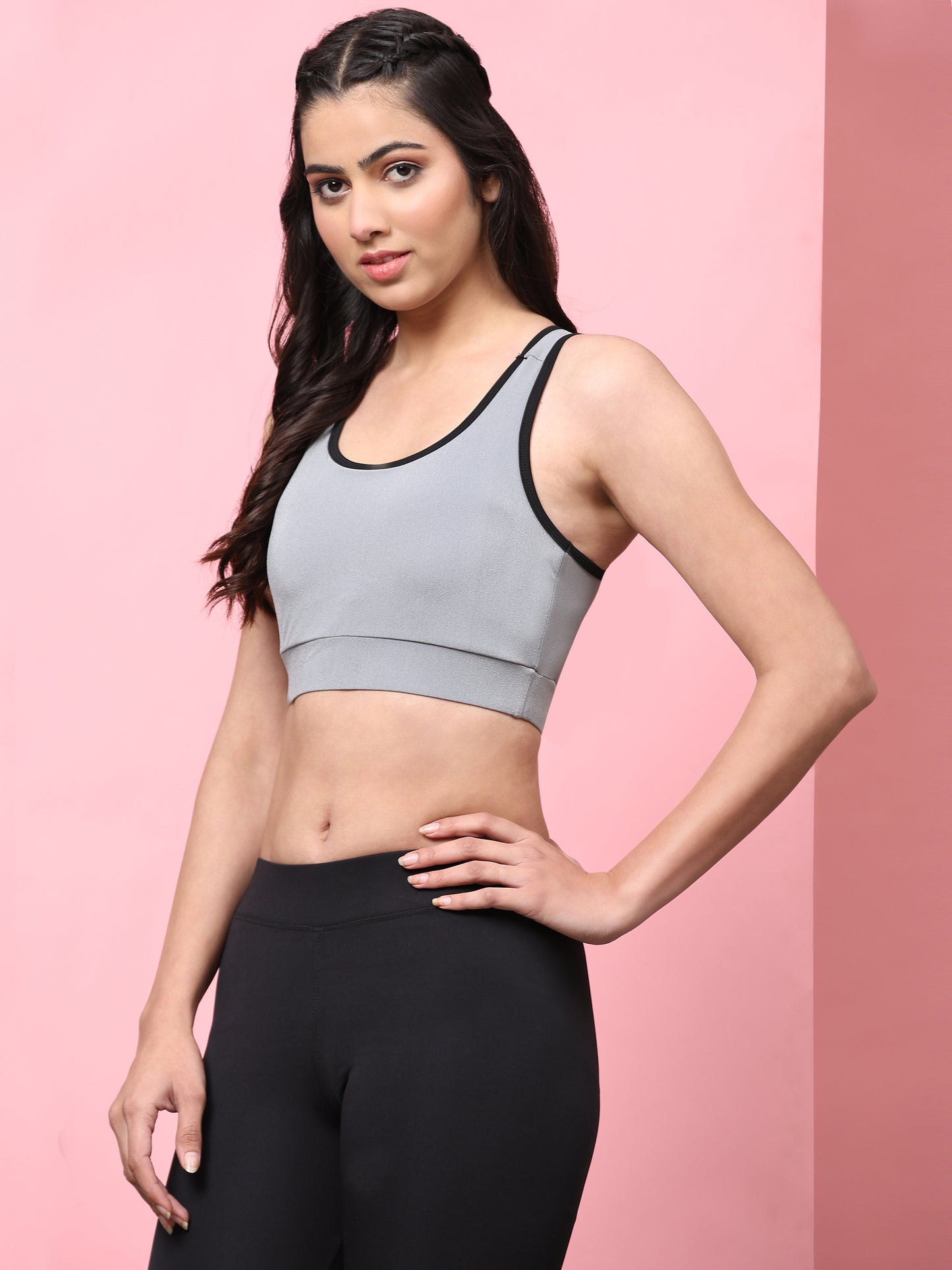 Women Solid Cotton 4 Way Strechable Non Wired Racer Back Sports Bra Hollow Back Design Grey