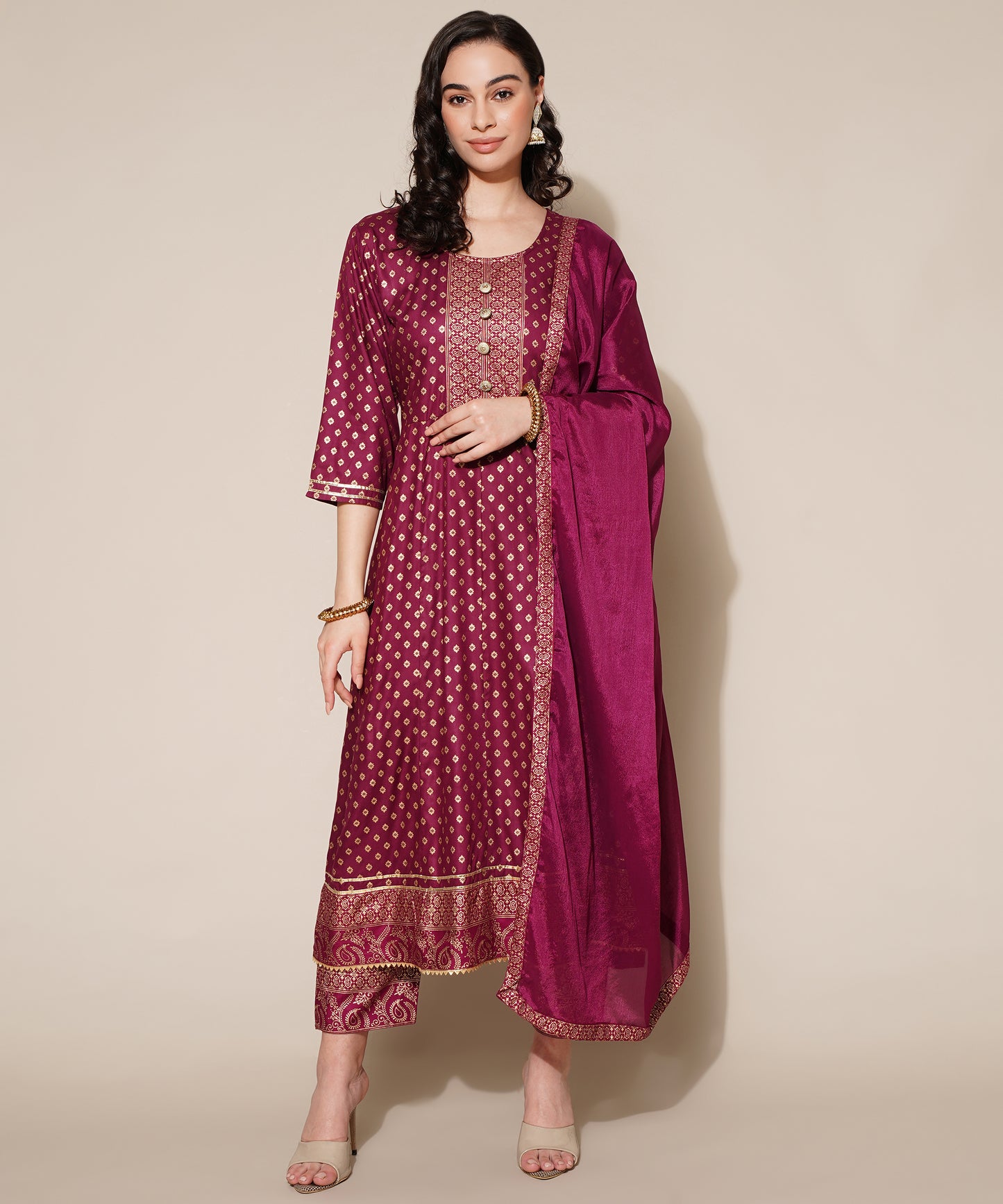 Anushil Anarkali Kurta Set with Dupatta Wine