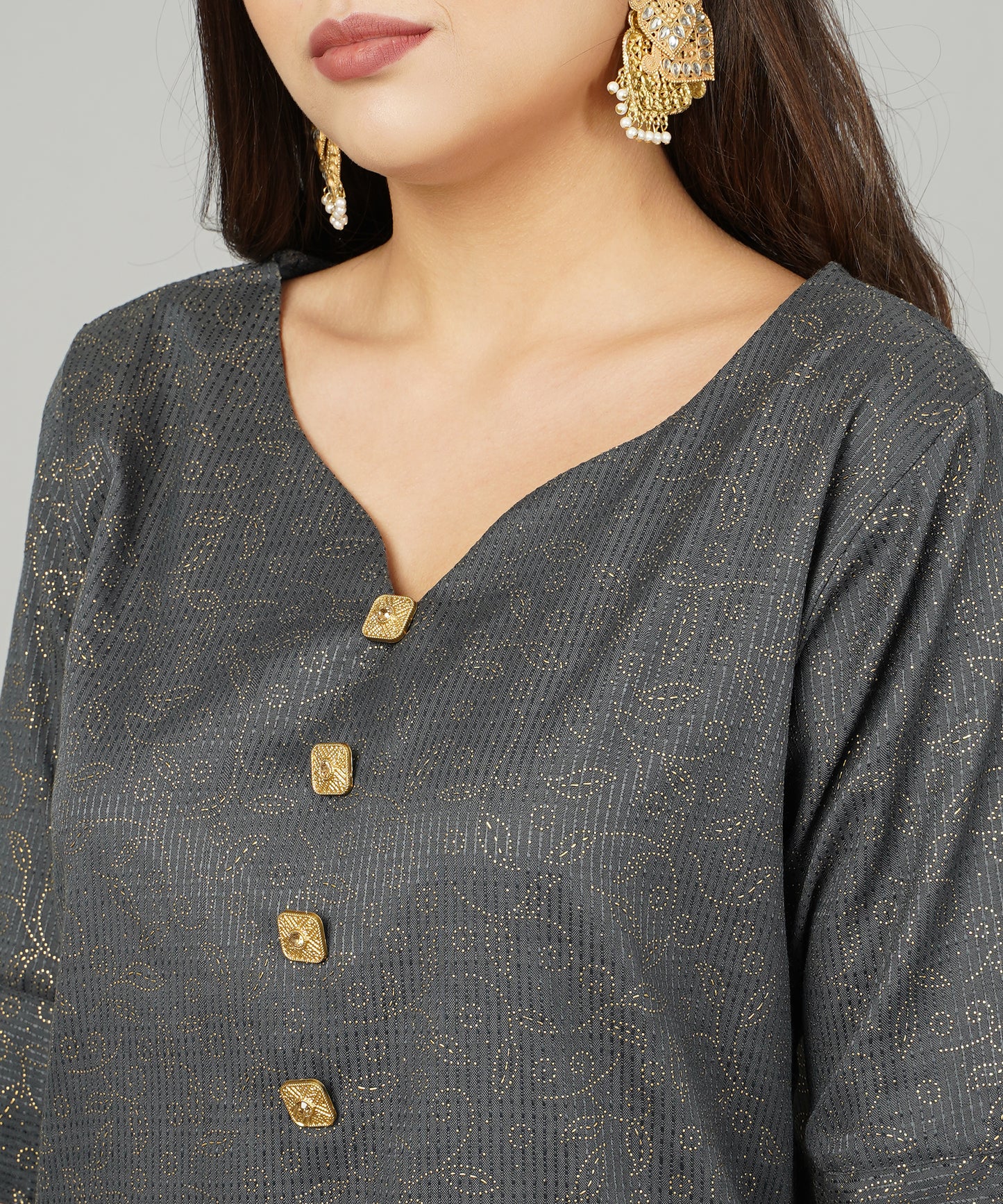 ANUSHIL Cotton Gold Print Sweatheart Neck Elbow Sleeves Straight Kurti for Women's, and Girl's (Grey)