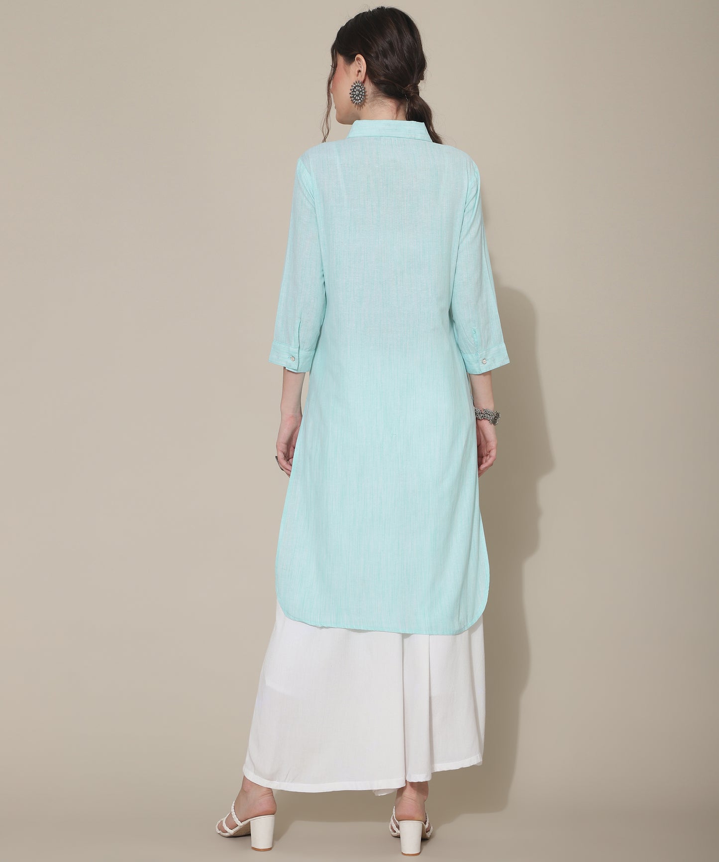 Cotton Kurta For Women Collar Design Pattern with Button Style, Blue
