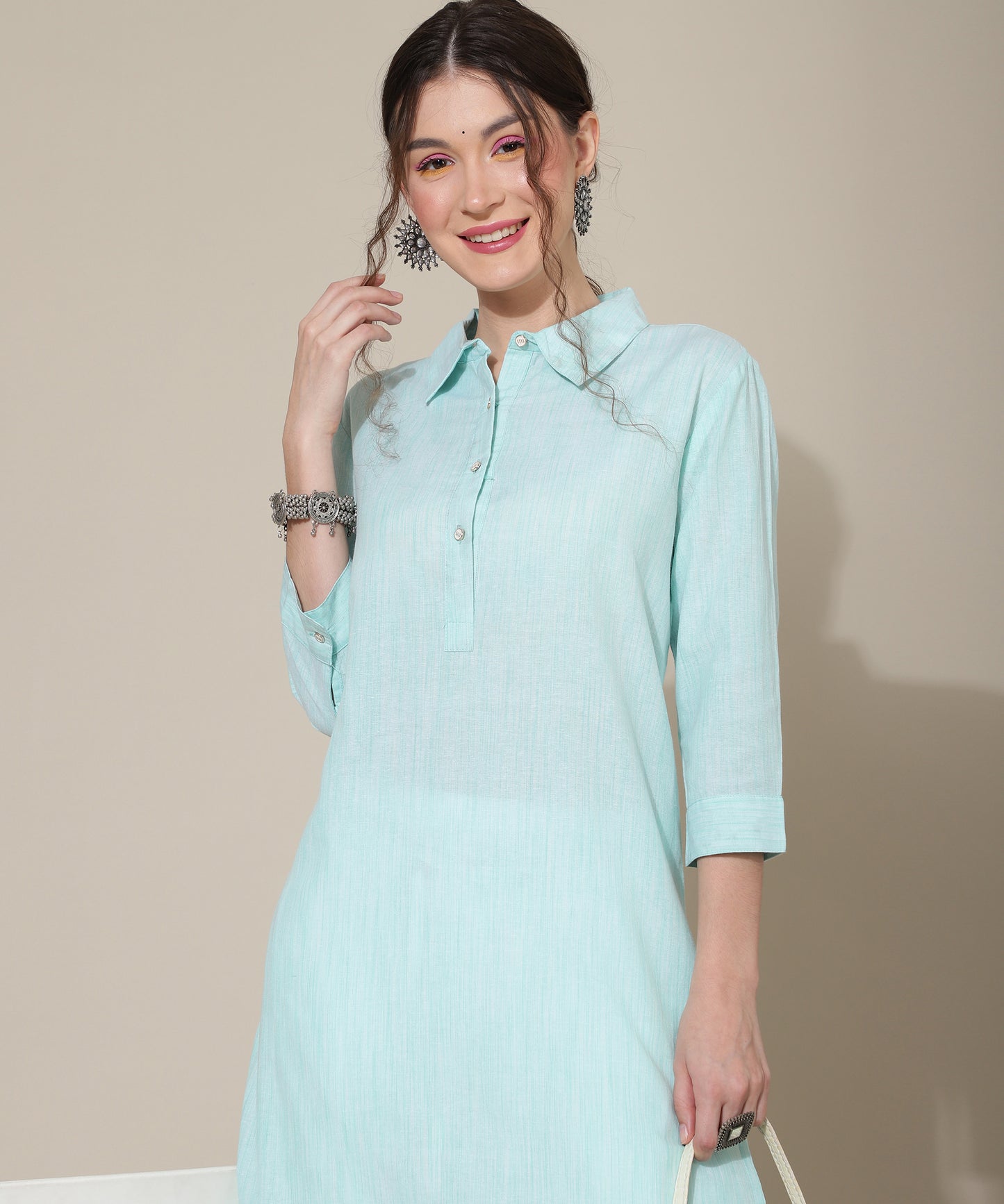 Cotton Kurta For Women Collar Design Pattern with Button Style, Blue
