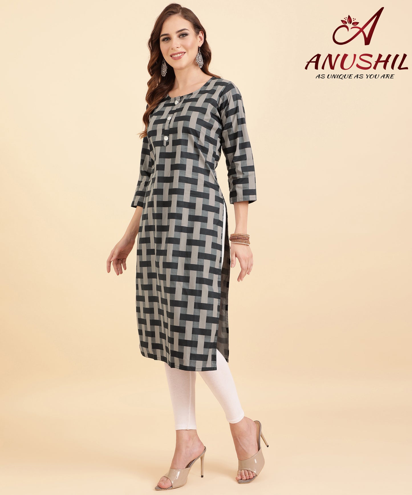 Cotton Kurta With Geometrical Printing, Grey A-507