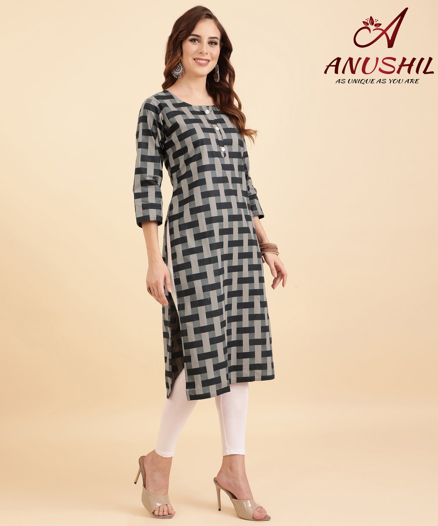 Cotton Kurta With Geometrical Printing, Grey A-507