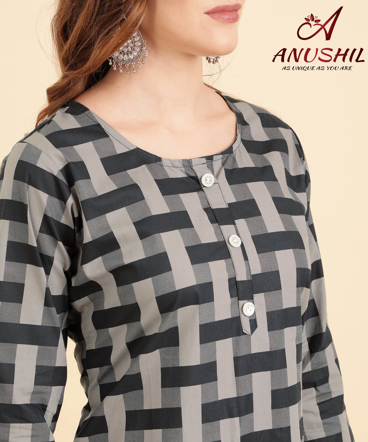 Cotton Kurta With Geometrical Printing, Grey A-507