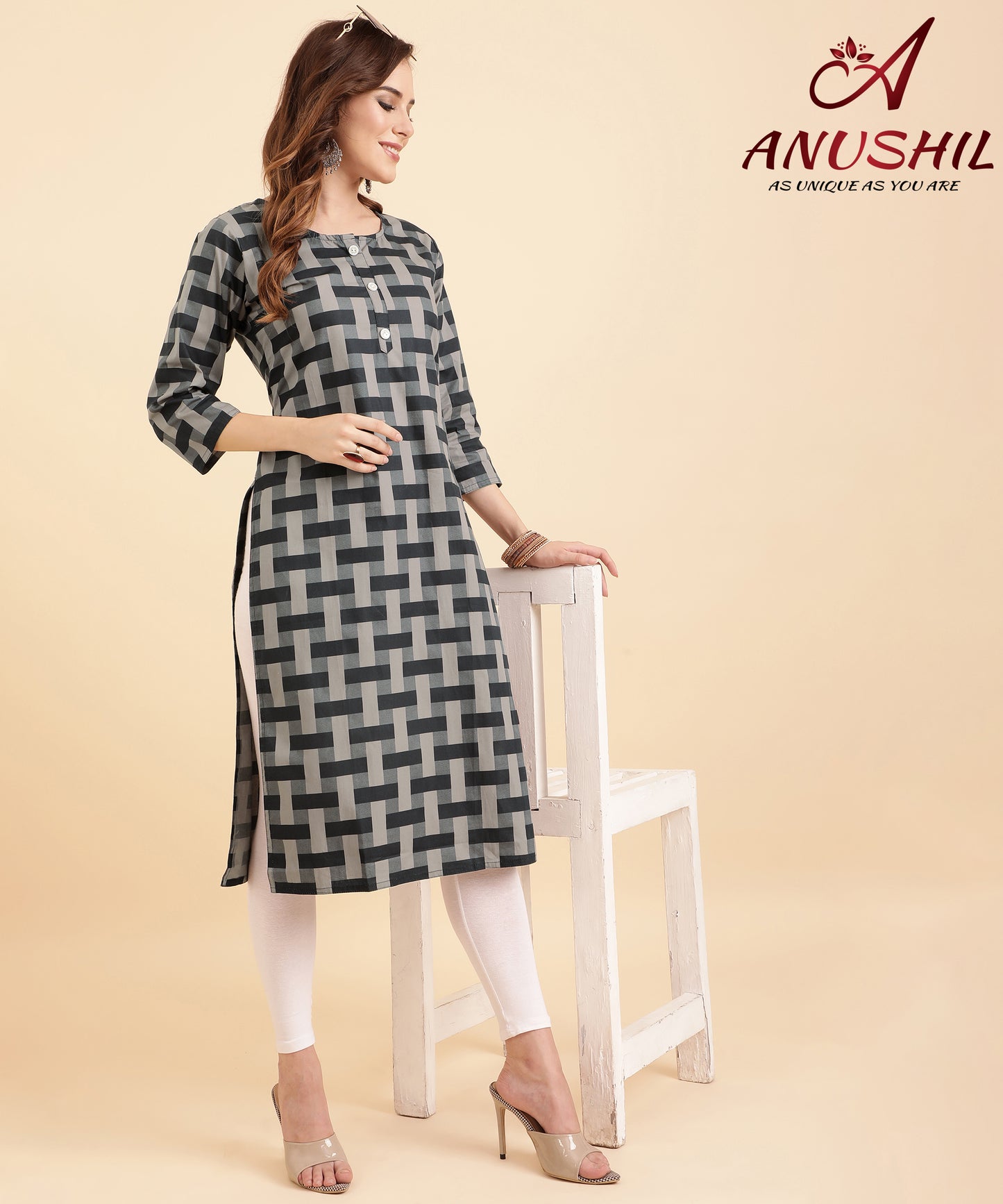 Cotton Kurta With Geometrical Printing, Grey A-507