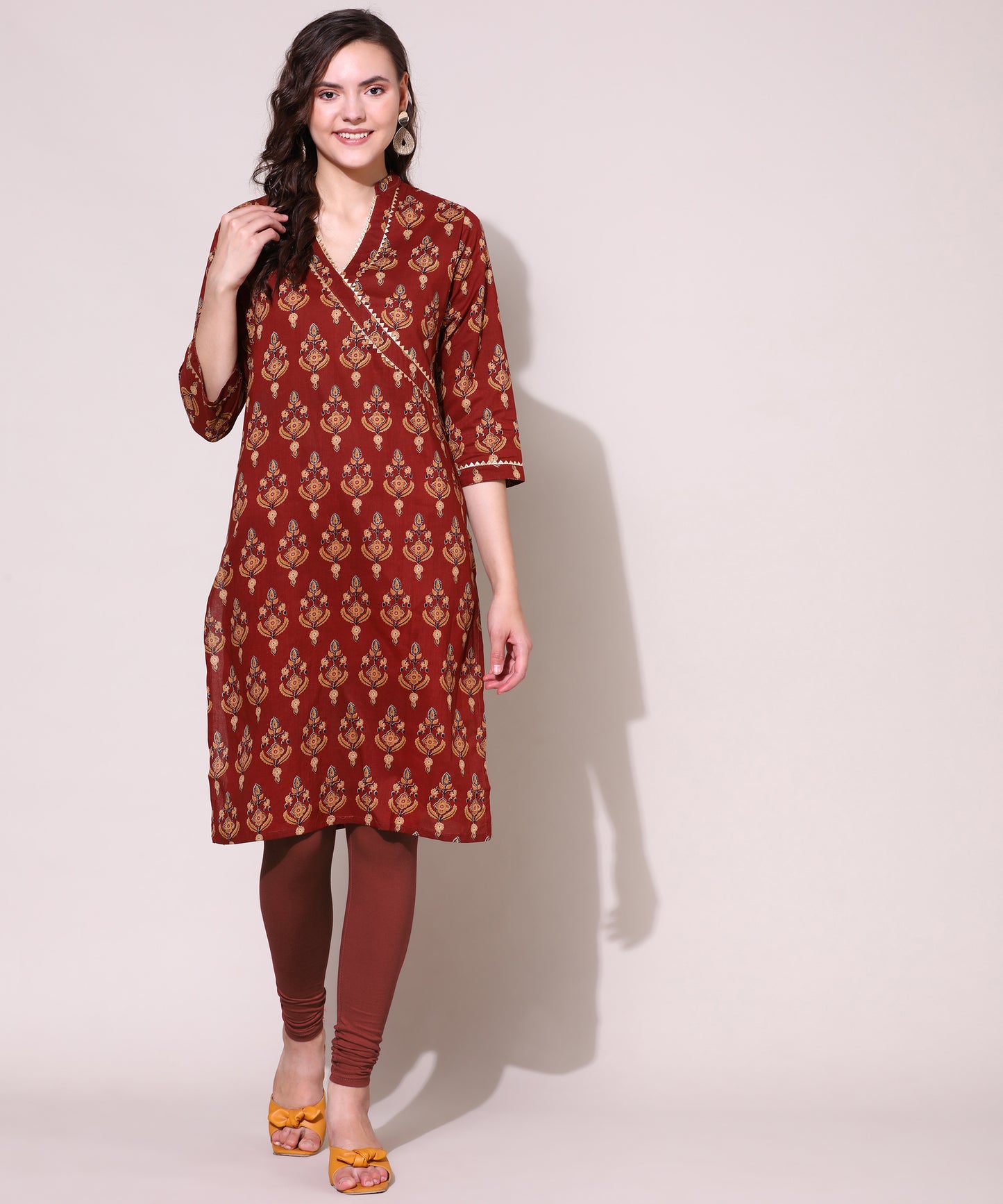 Printed Golden Lace Work Block Print Kurti For Women , Red