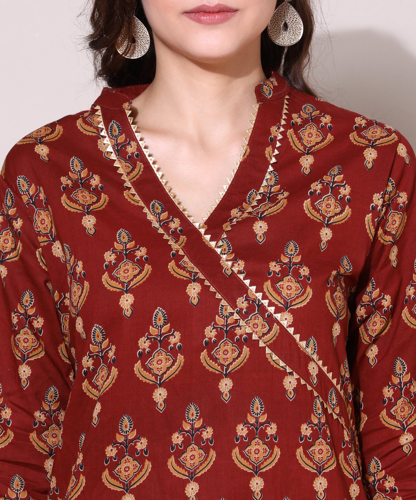 Printed Golden Lace Work Block Print Kurti For Women , Red