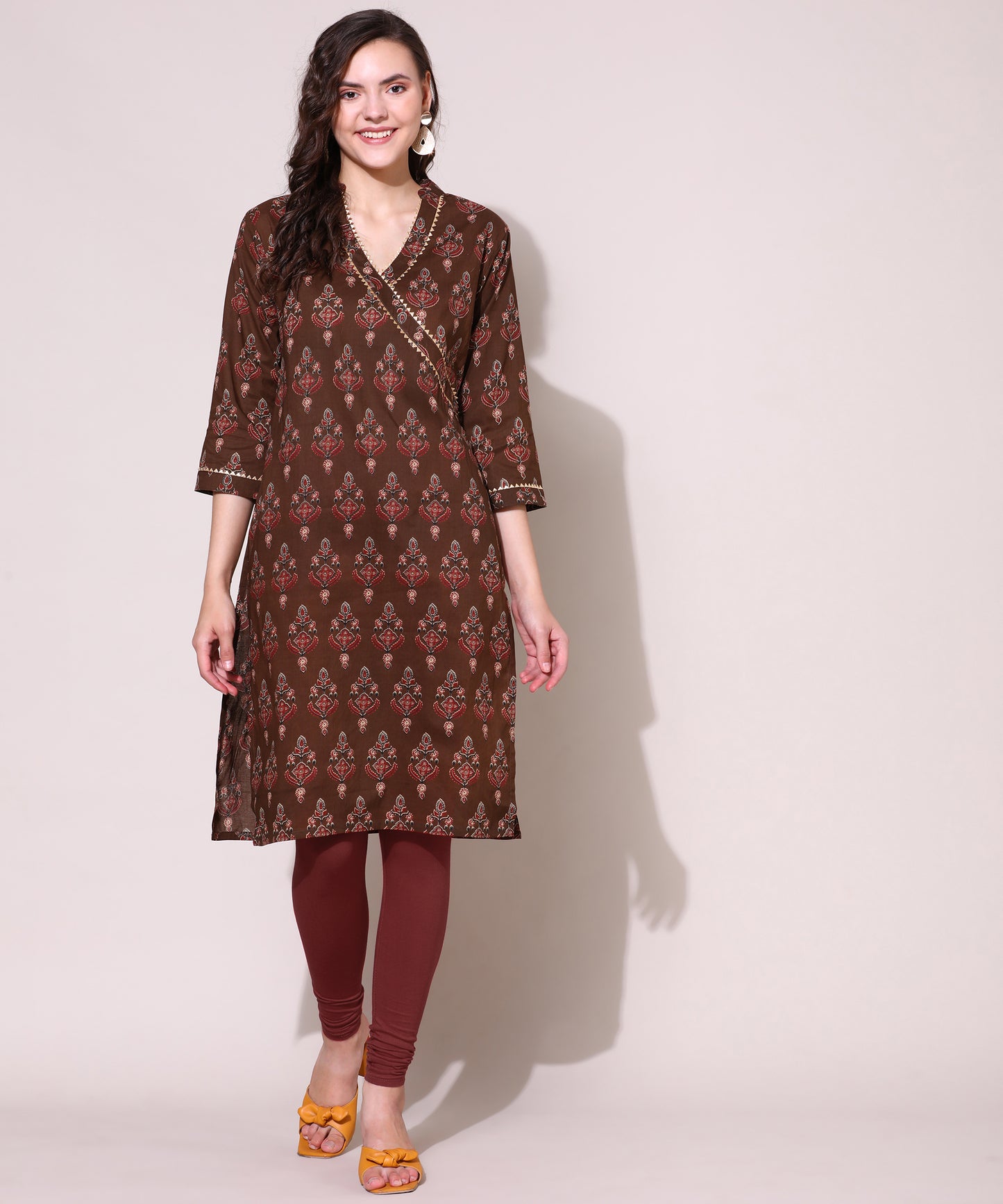 Printed Golden Lace Work Block Print Kurti For Women , Brown