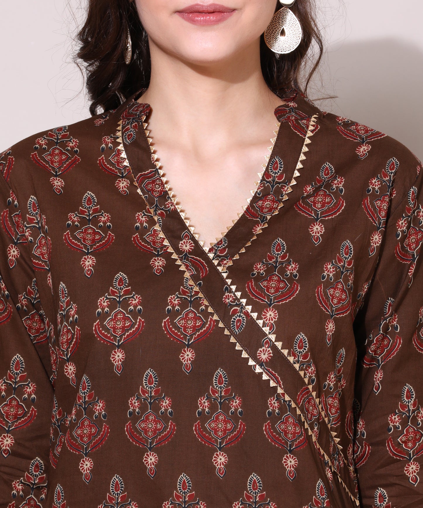 Printed Golden Lace Work Block Print Kurti For Women , Brown
