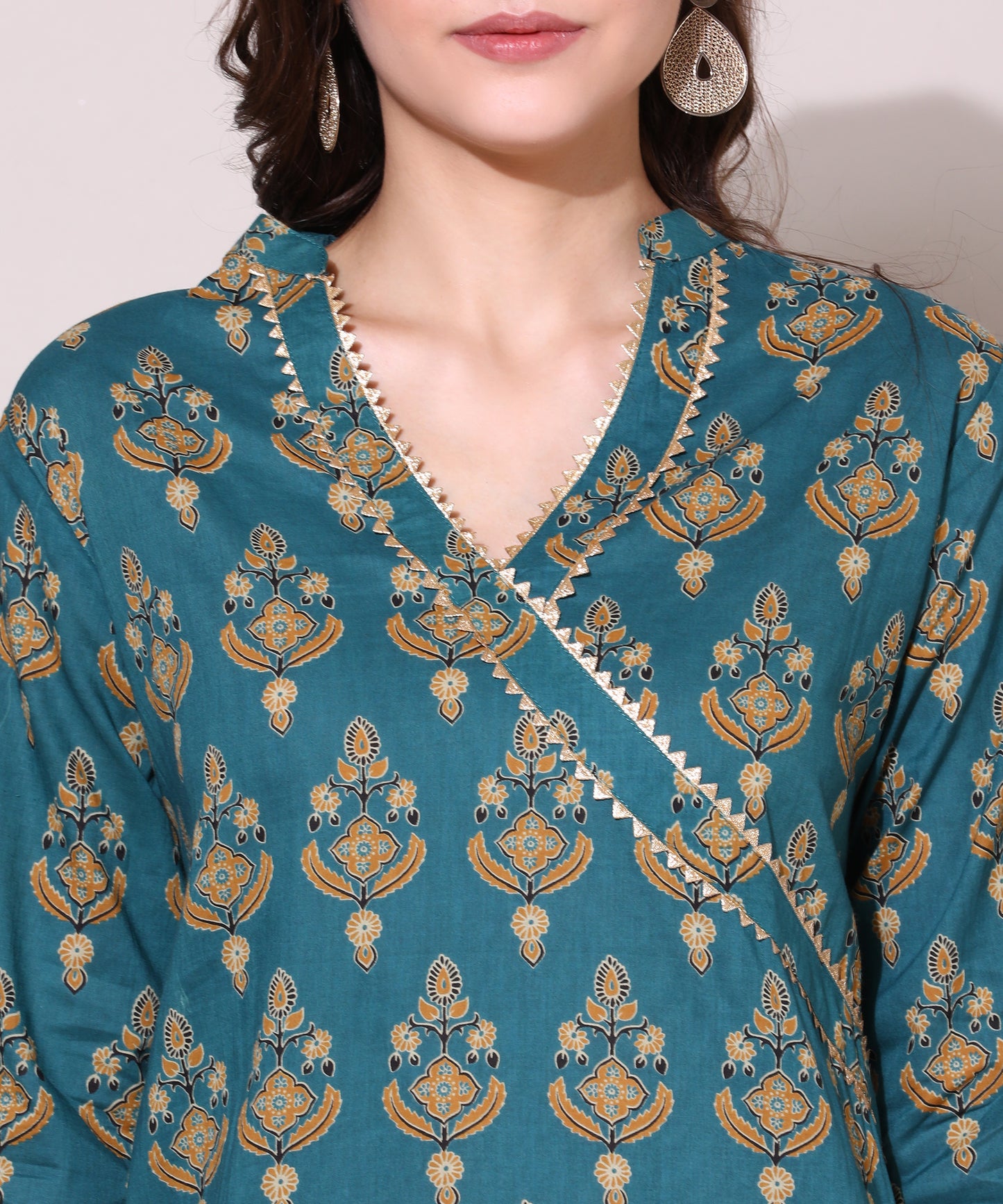 Printed Golden Lace Work Block Print Kurti For Women , Blue