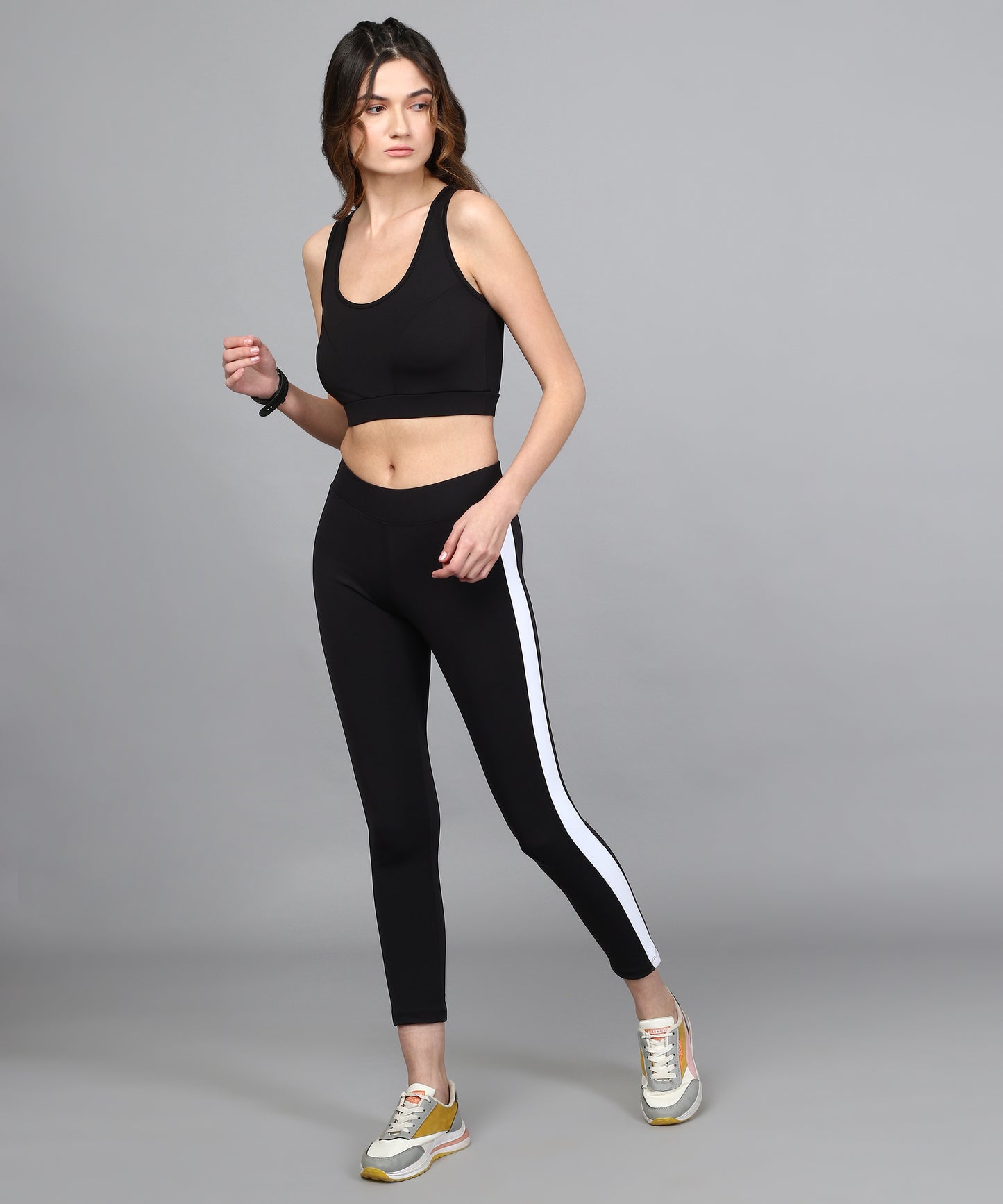 ANUSHIL Women Cotton Solid Sports Bra And Striped Jeggings For Gym Sports Yoga Swimming Running, (Color:-Black)
