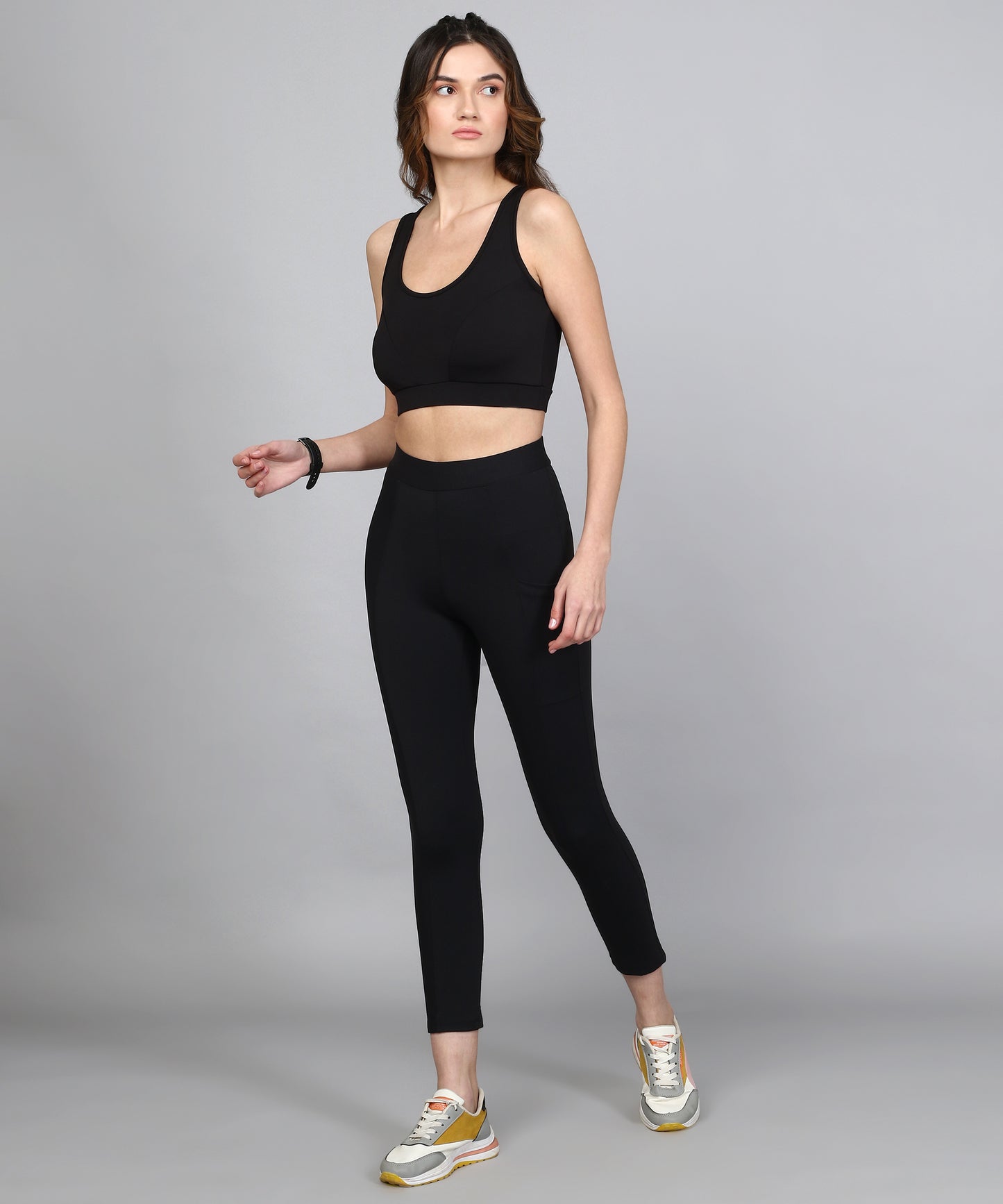 ANUSHIL Women Cotton Solid Sports Bra And Jegging with Pocket For Gym Sports Yoga Swimming Running(Color:-Black)