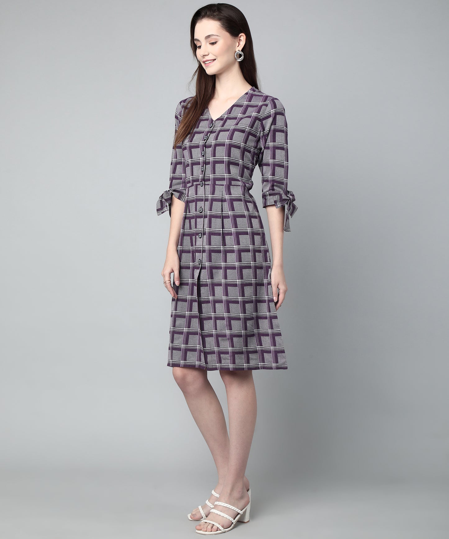 Pleated A-line Dress In Check Pattern ,Purple(A-516)
