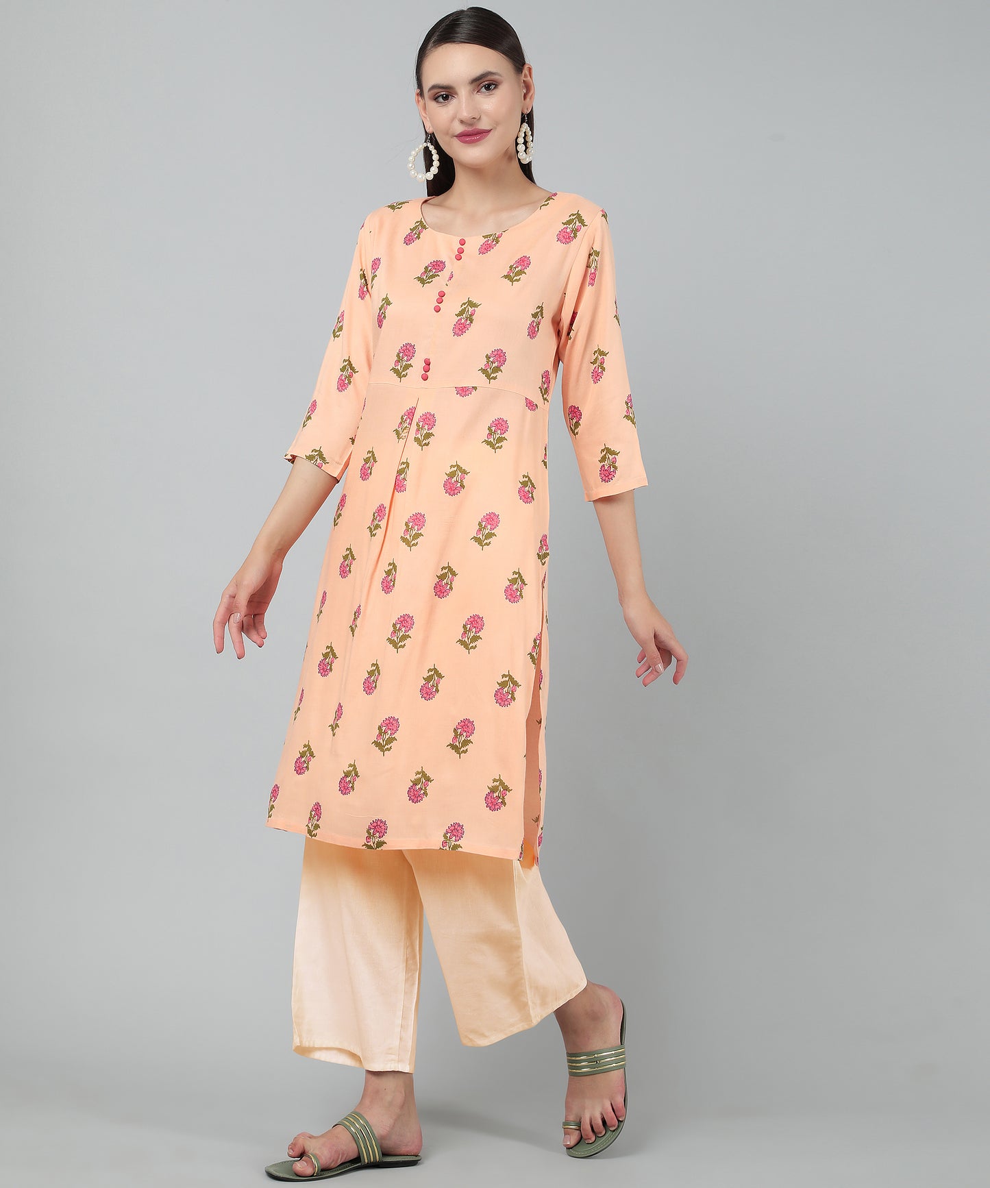 Floral Printed Rayon Cotton Kurti Knee Length With Center Pleat Stylish Design