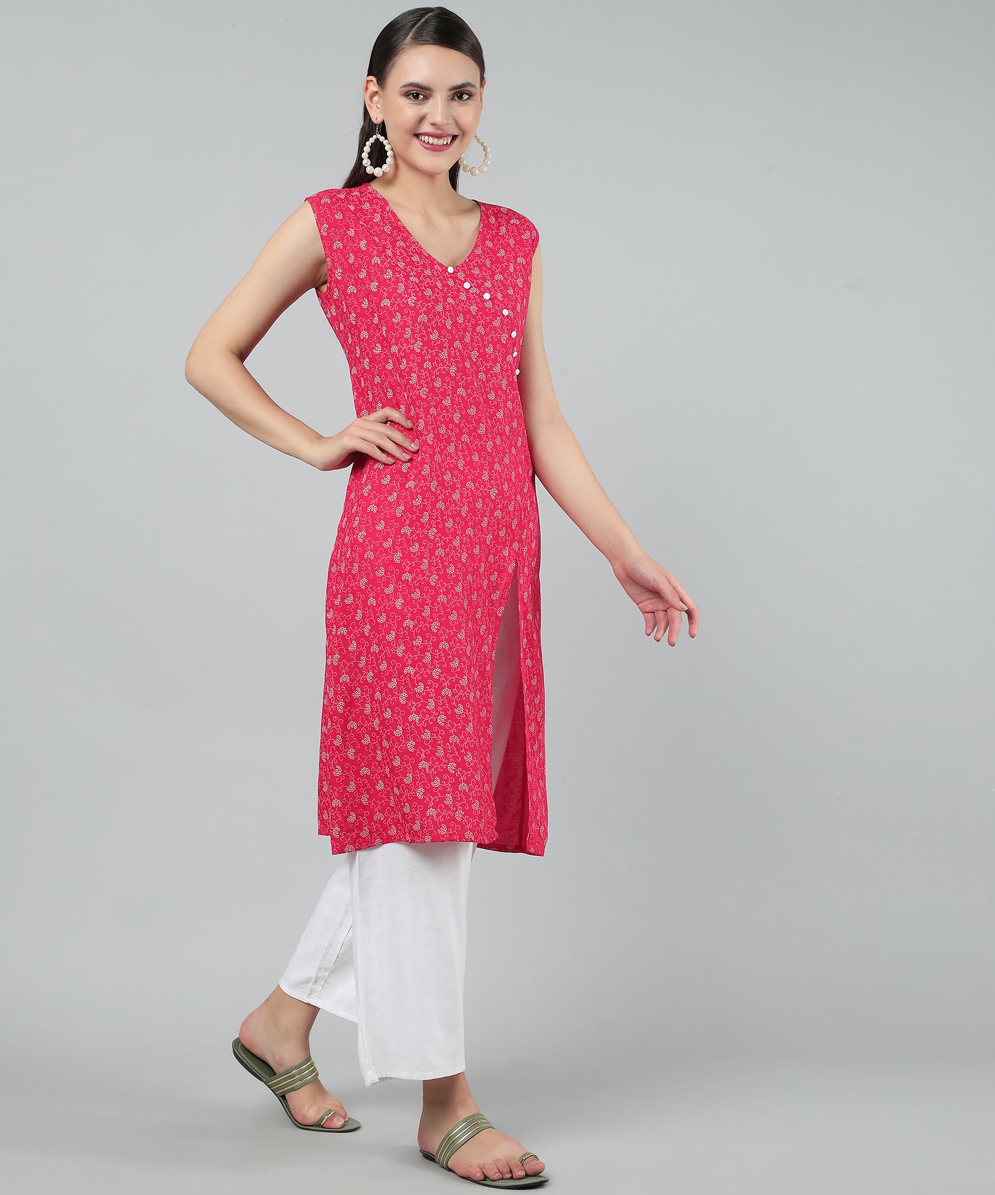 A-Line Stylish Center Slit Sleveeless Printed Cotton Kurti,Pink