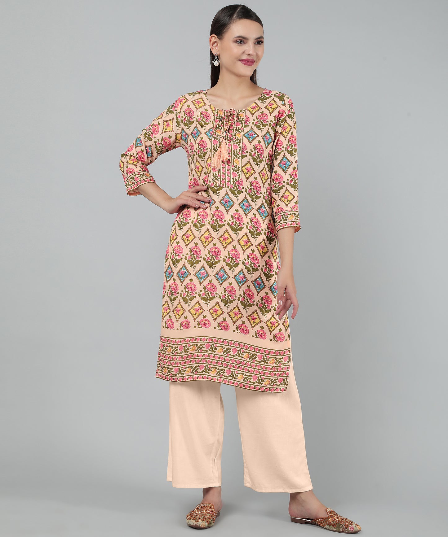 Pritned Rayon Cotton Kurti with Keyhole Neck Tassels and Drawstring,Orange