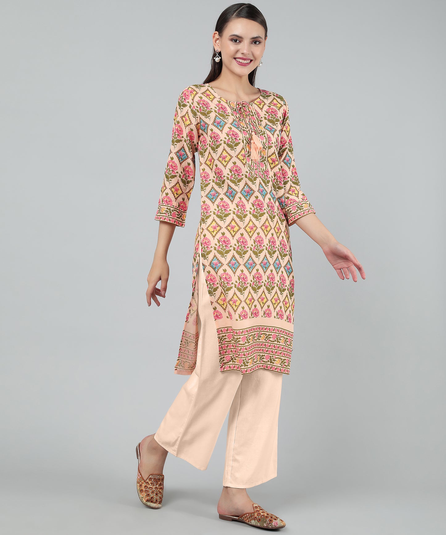 Pritned Rayon Cotton Kurti with Keyhole Neck Tassels and Drawstring,Orange