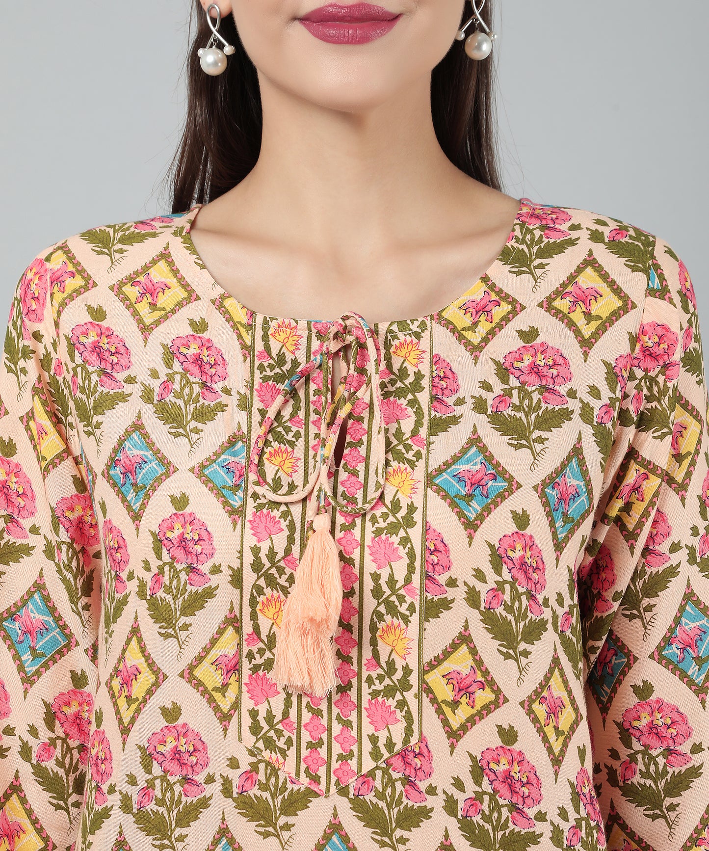 Pritned Rayon Cotton Kurti with Keyhole Neck Tassels and Drawstring,Orange
