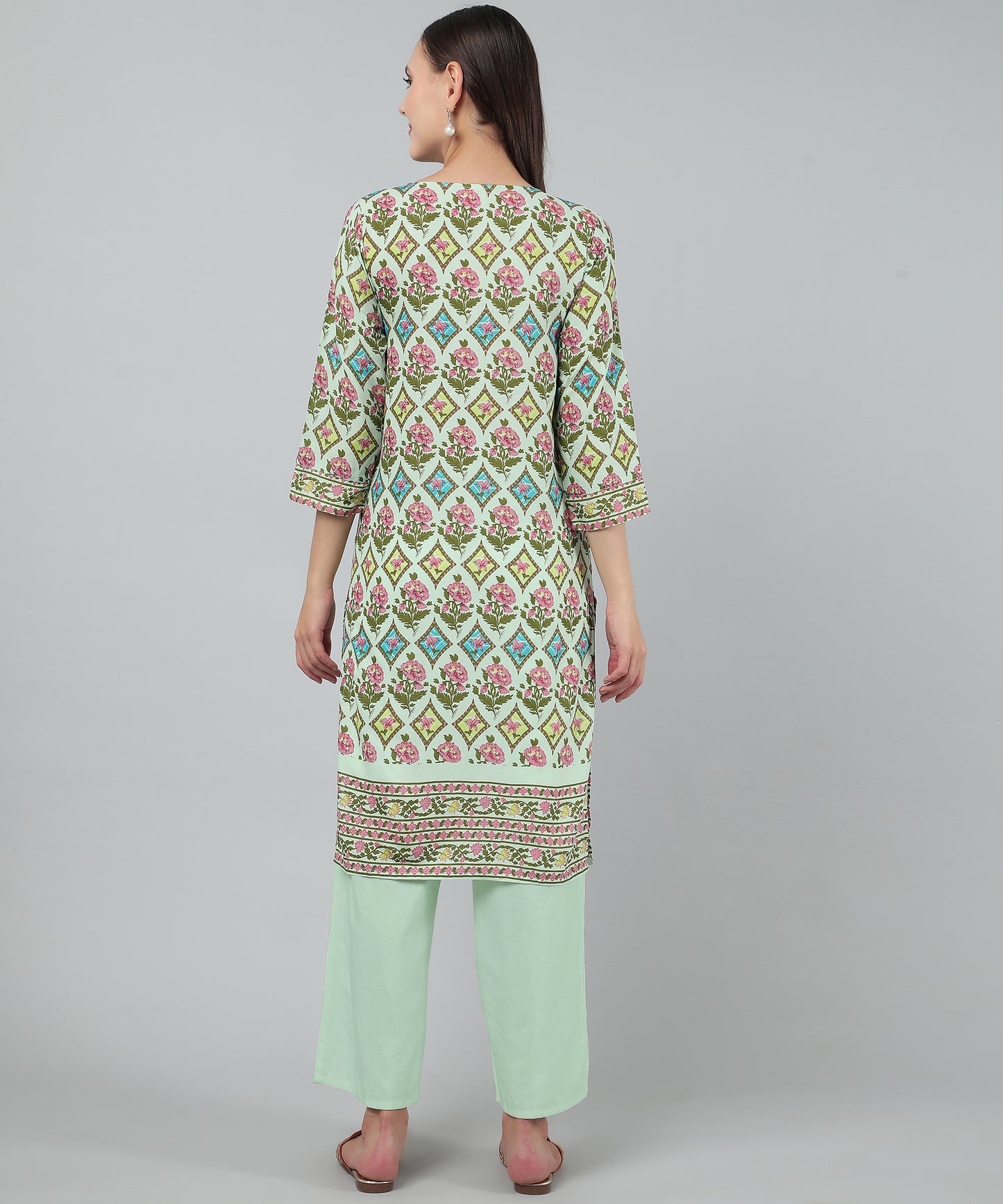 Pritned Rayon Cotton Kurti with Keyhole Neck Tassels and Drawstring,Green