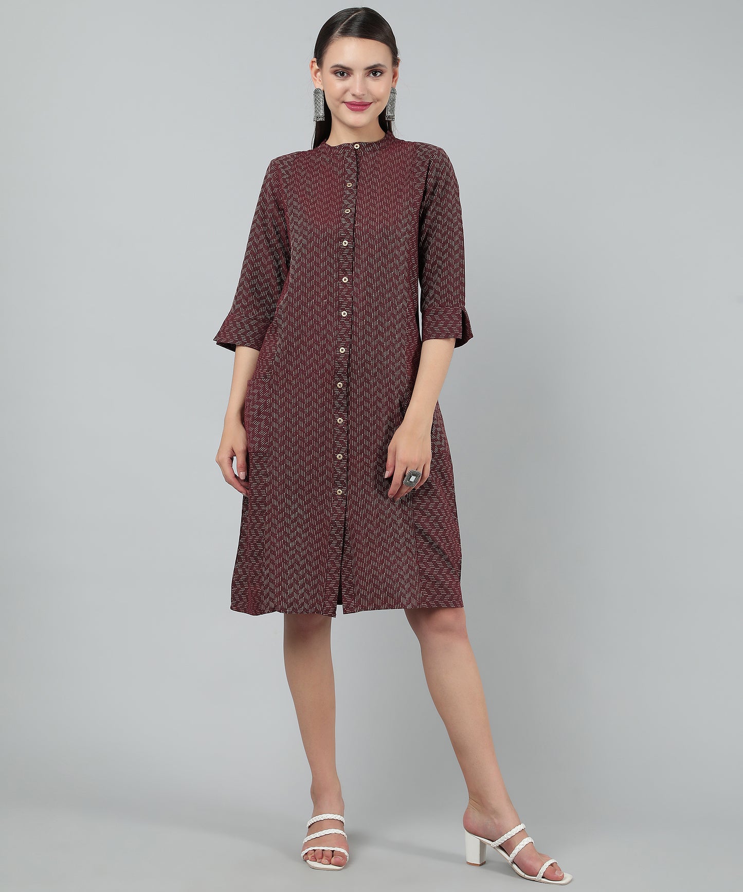 Self Weaved A-line Dress for Women Open Button Design, Maroon