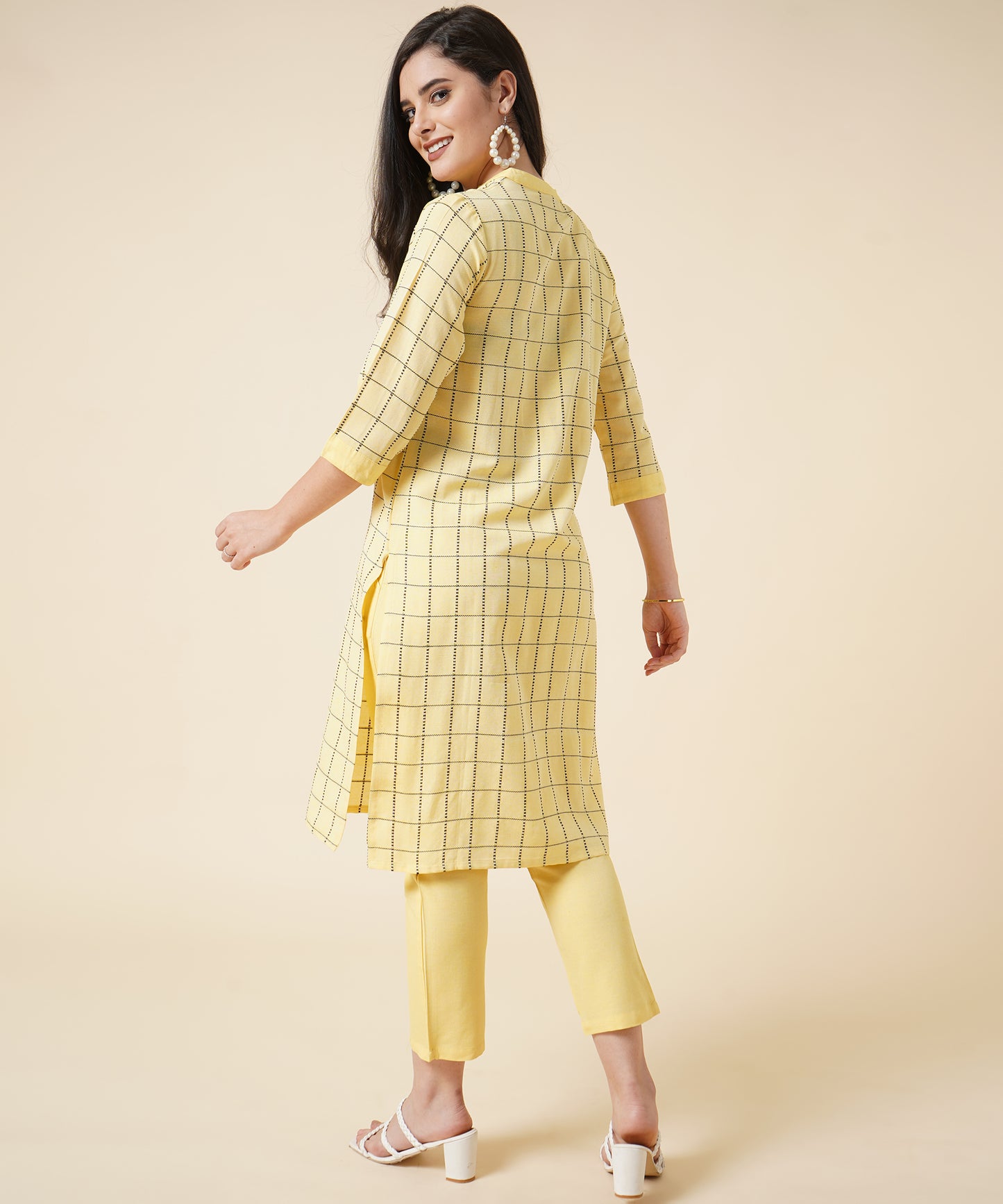 Cotton Kurta Set With Pants Check Design Pattern, Yellow