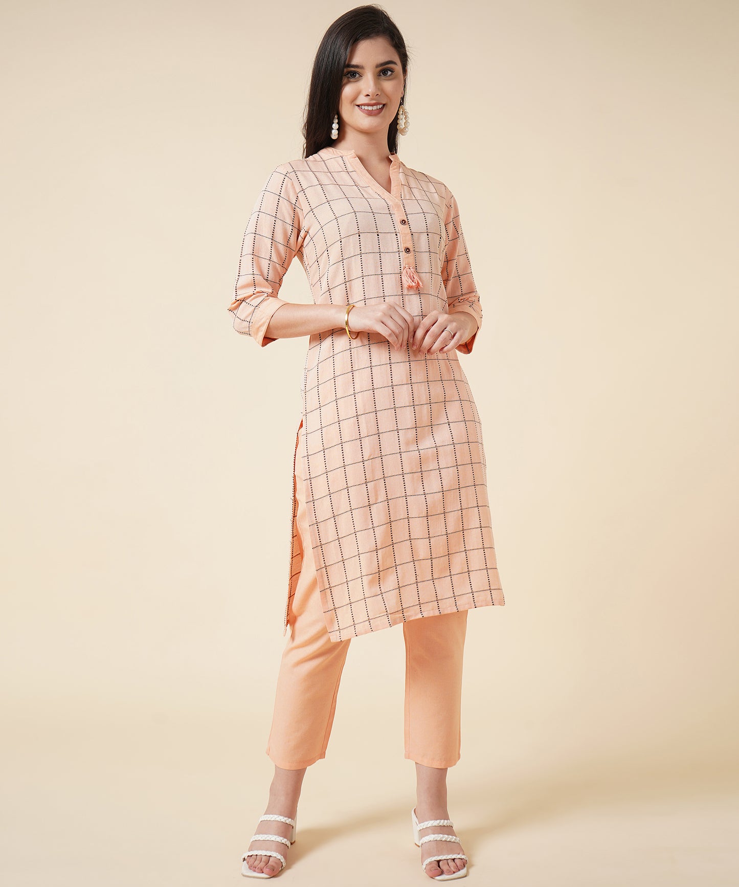 Ethnic Kurta Set With Pants Check Design Pattern, Orange