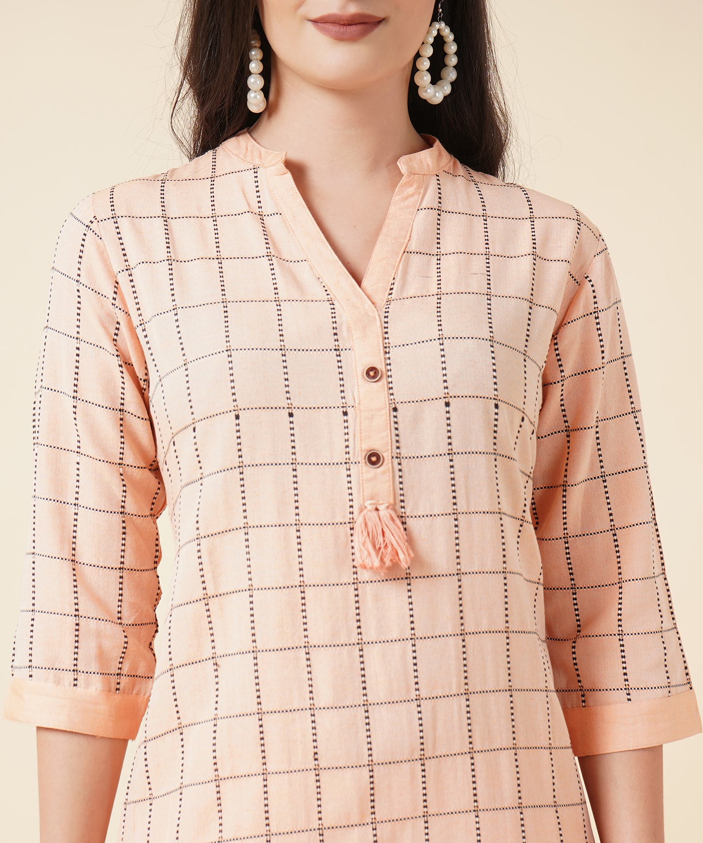 Ethnic Kurta Set With Pants Check Design Pattern, Orange