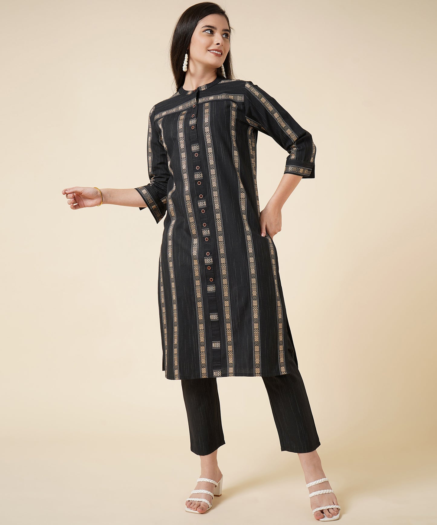 Cotton Kurta Set With Pants Striped Design Pattern,Black