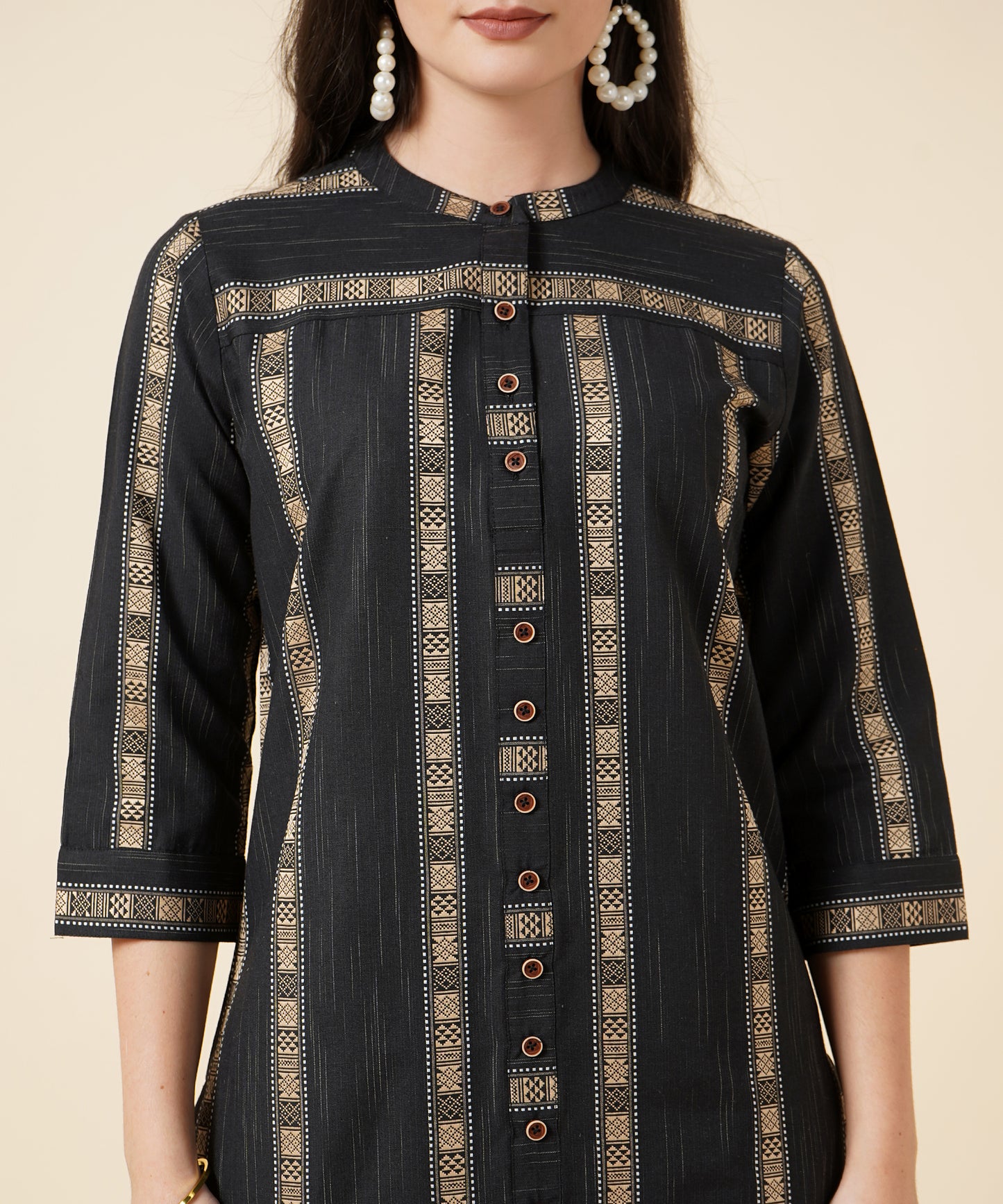 Cotton Kurta Set With Pants Striped Design Pattern,Black