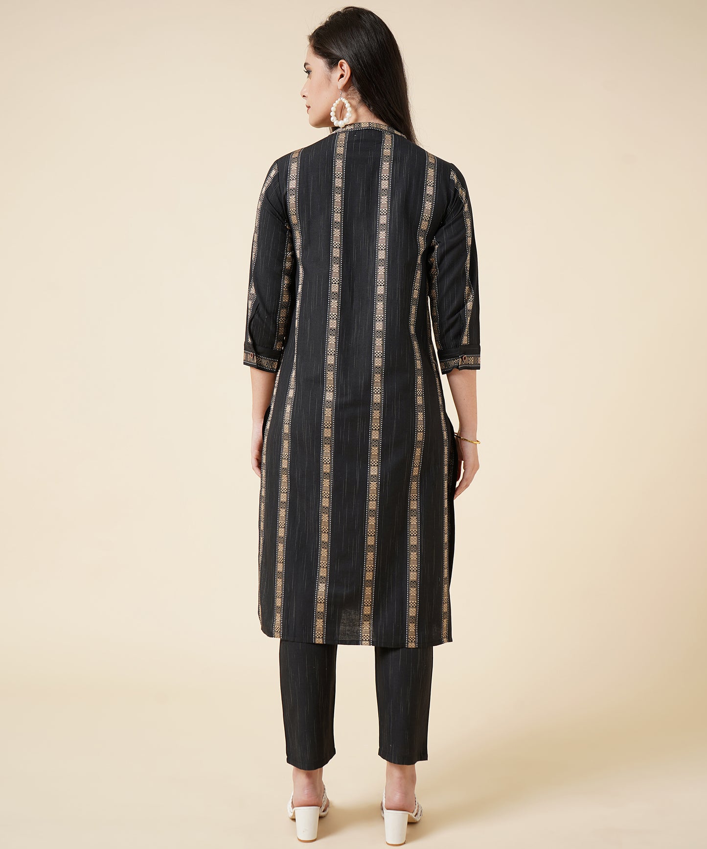 Cotton Kurta Set With Pants Striped Design Pattern,Black