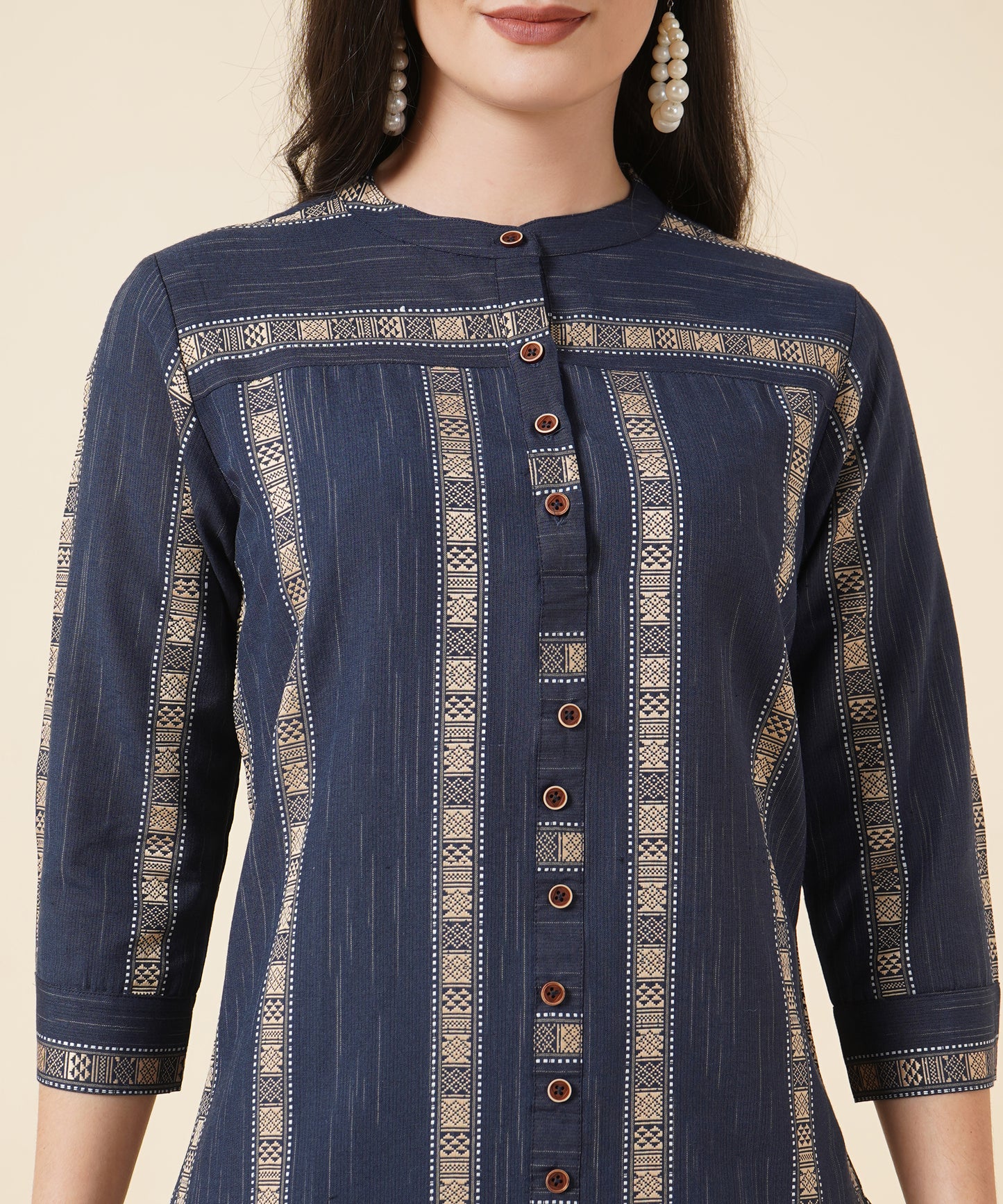 Cotton Kurta Set With Pants Striped Design Pattern, Navy Blue