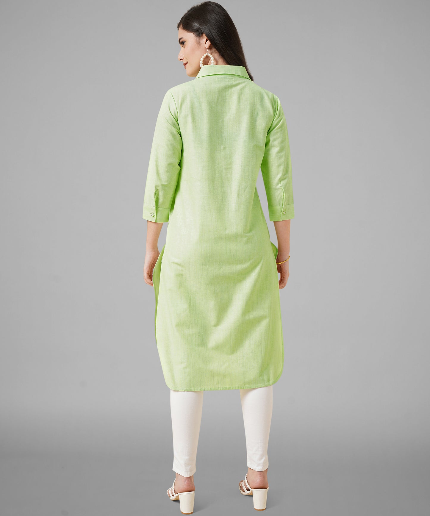Cotton Kurta For Women Collar Design Pattern with Button Style, Green
