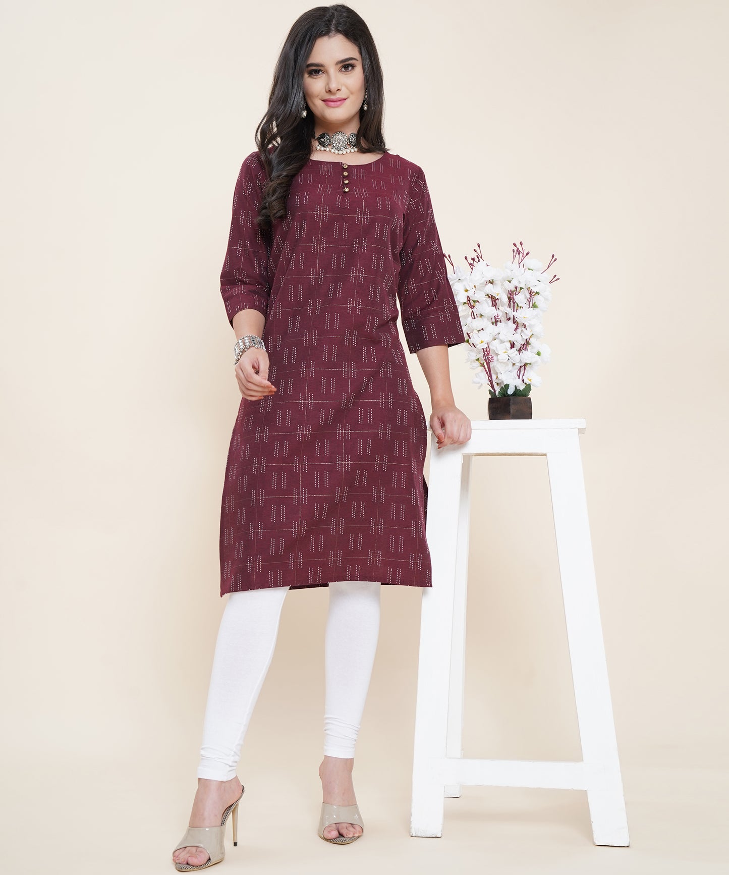 Cotton Self Weaved Kurta Design with Golden Button, Maroon